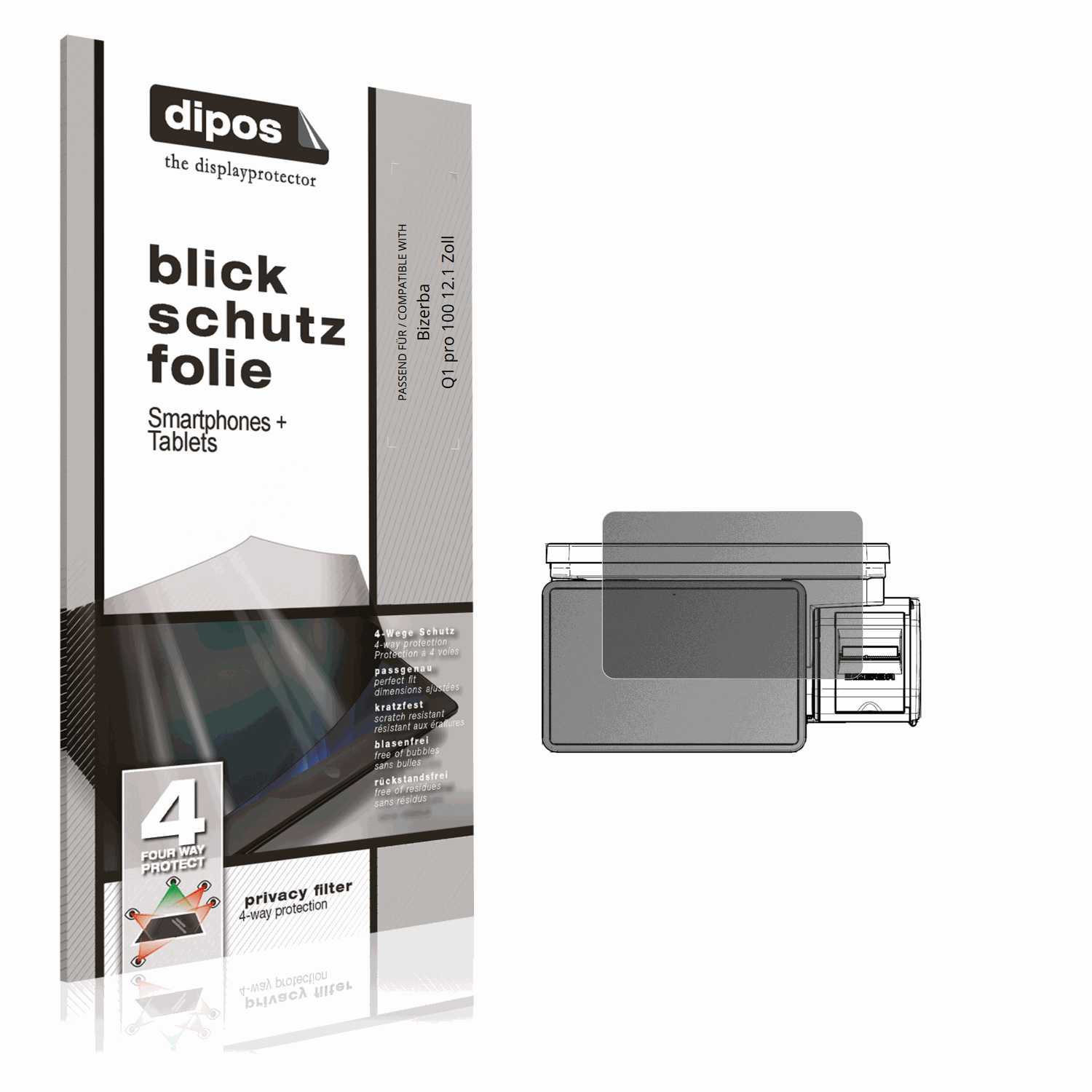Blickschutzfolie von dipos passend für Bizerba Q1 pro 100 12.1 Zoll, präziser Zuschnitt und blasenfrei montiert