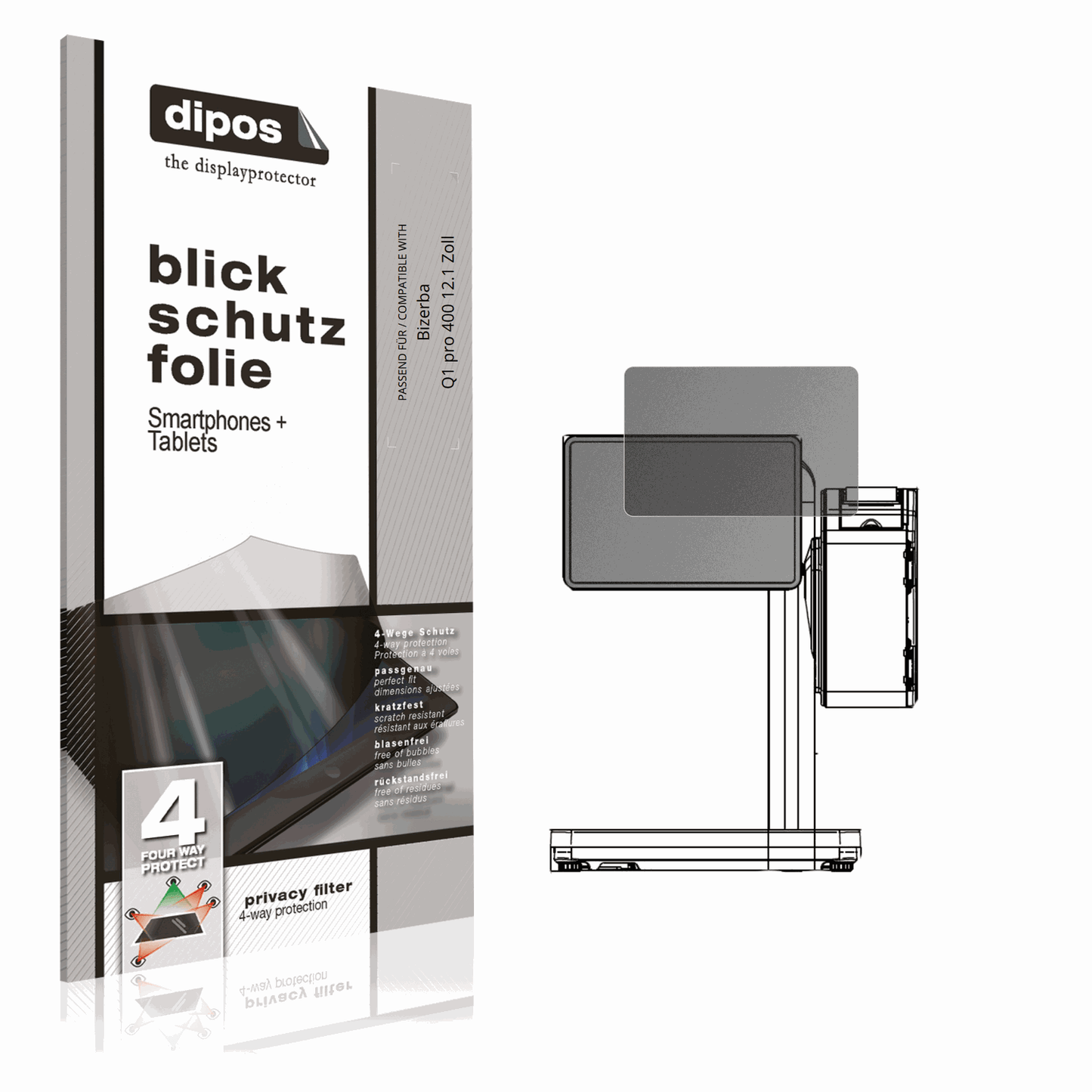 Blickschutzfolie von dipos passend für Bizerba Q1 pro 400 12.1 Zoll, präziser Zuschnitt und blasenfrei montiert