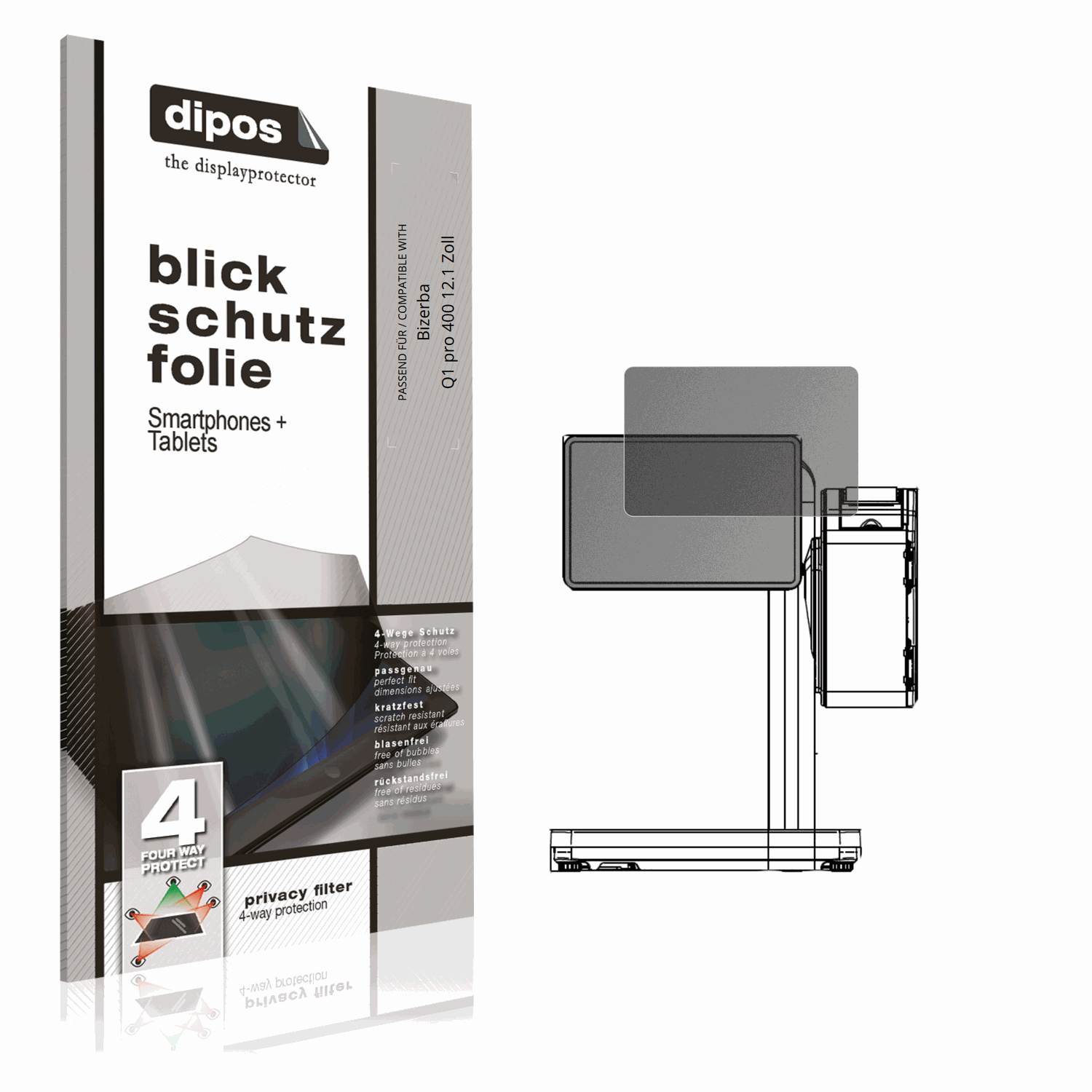 Blickschutzfolie von dipos passend für Bizerba Q1 pro 400 12.1 Zoll, präziser Zuschnitt und blasenfrei montiert