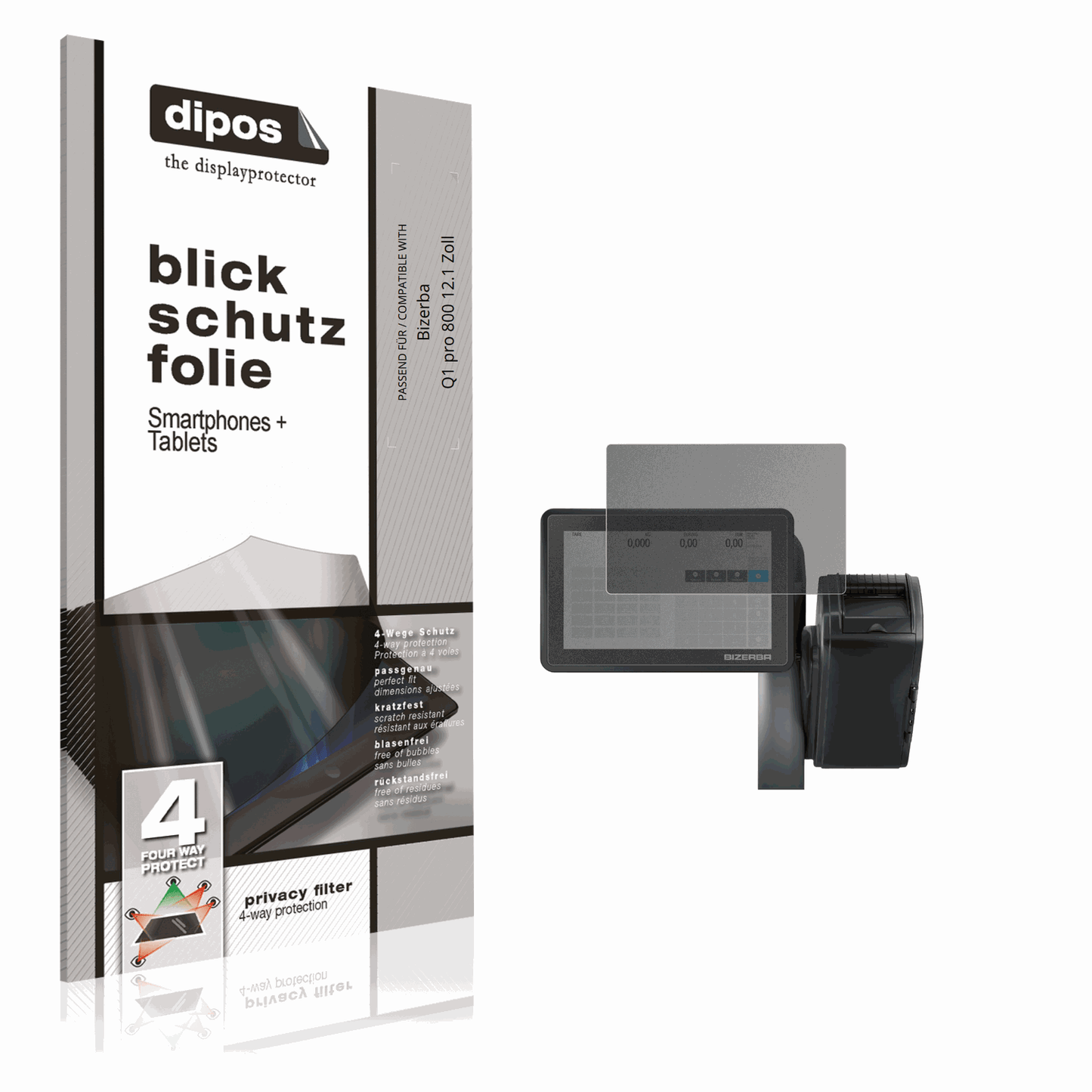 Blickschutzfolie von dipos passend für Bizerba Q1 pro 800 12.1 Zoll, präziser Zuschnitt und blasenfrei montiert