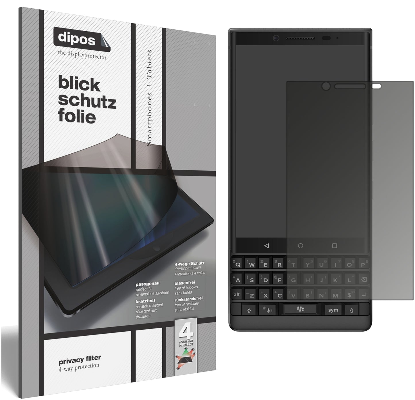 Blickschutzfolie von dipos passend für Blackberry Key 2, präziser Zuschnitt und blasenfrei montiert