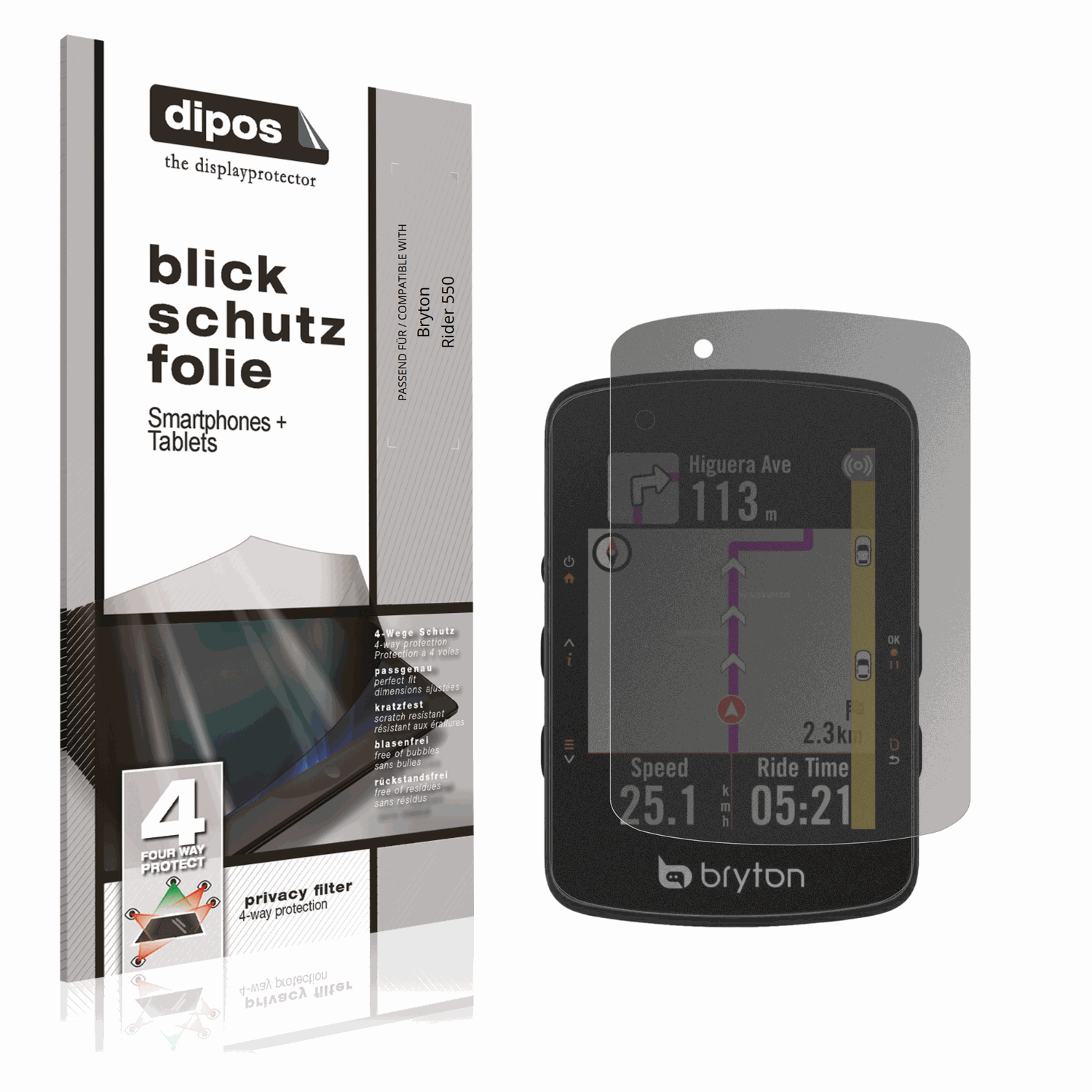 Blickschutzfolie von dipos passend für Bryton Rider 550, präziser Zuschnitt und blasenfrei montiert
