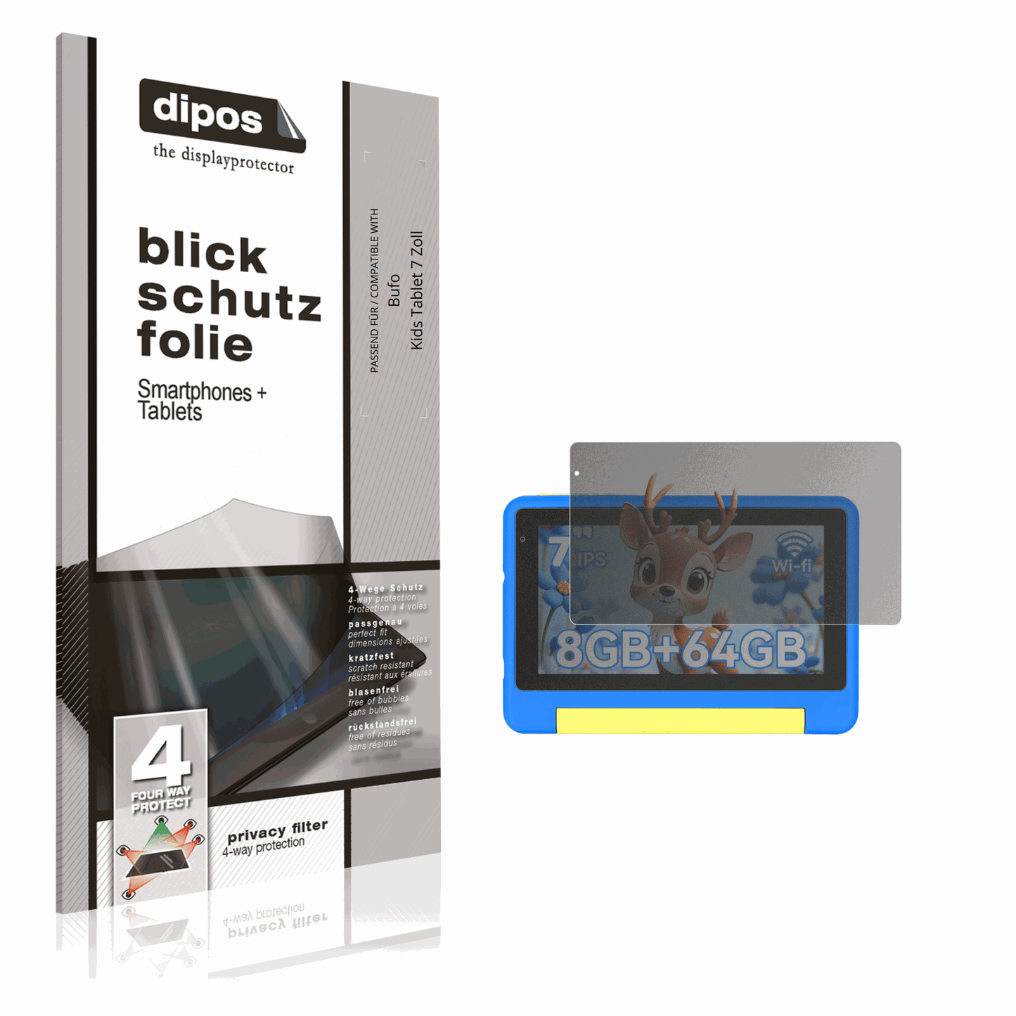 Blickschutzfolie von dipos passend für Bufo Kids Tablet 7 Zoll, präziser Zuschnitt und blasenfrei montiert