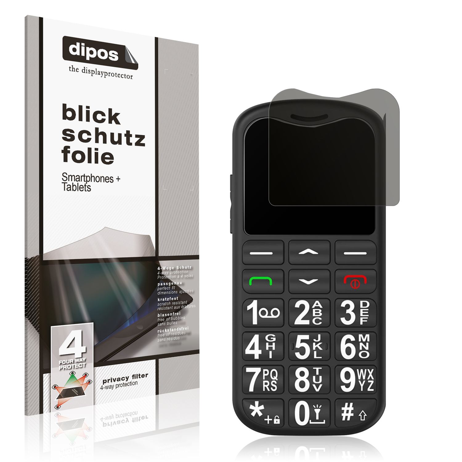 Blickschutzfolie von dipos passend für CHAKEYAKE G180 Seniorenhandy, präziser Zuschnitt und blasenfrei montiert
