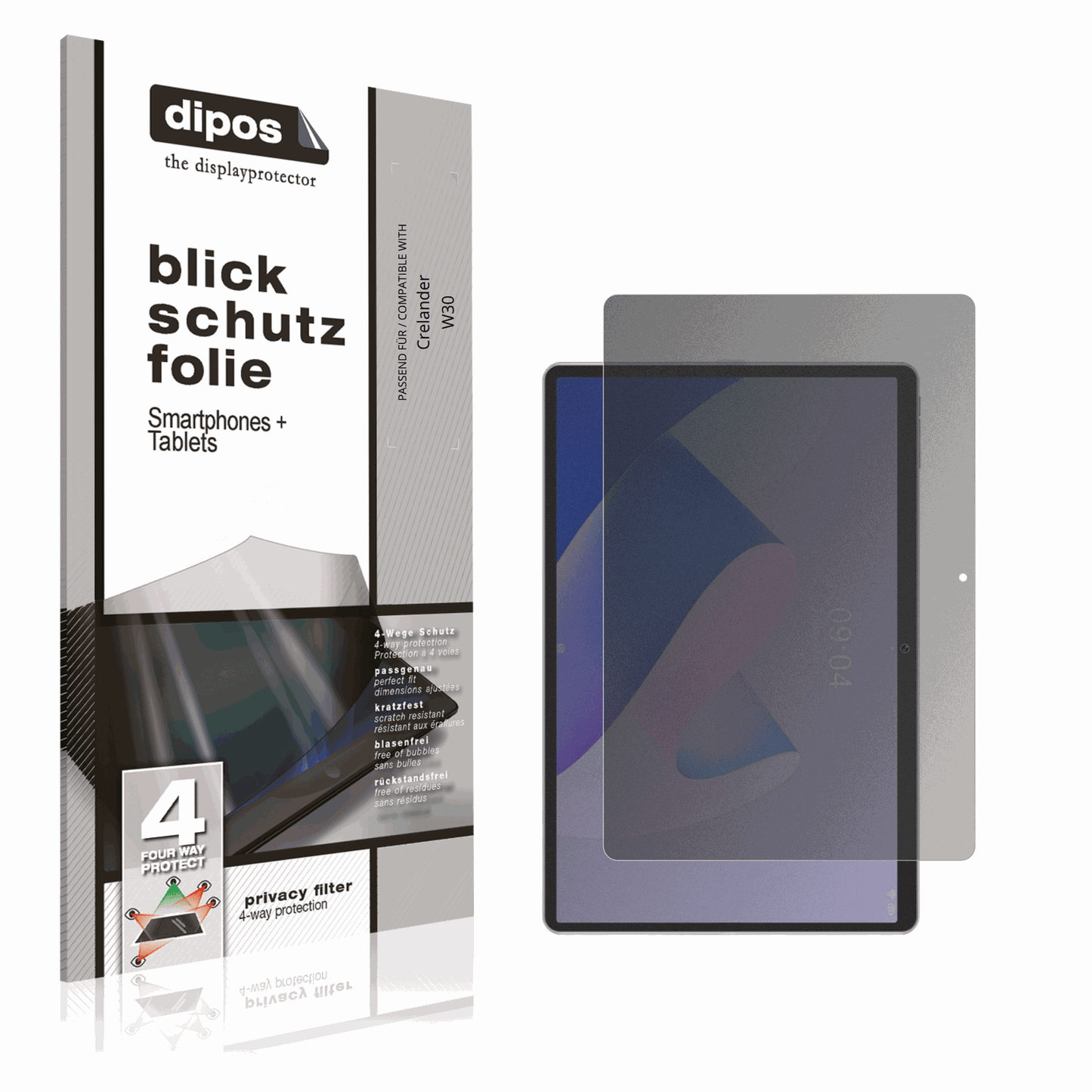 Blickschutzfolie von dipos passend für Crelander W30, präziser Zuschnitt und blasenfrei montiert