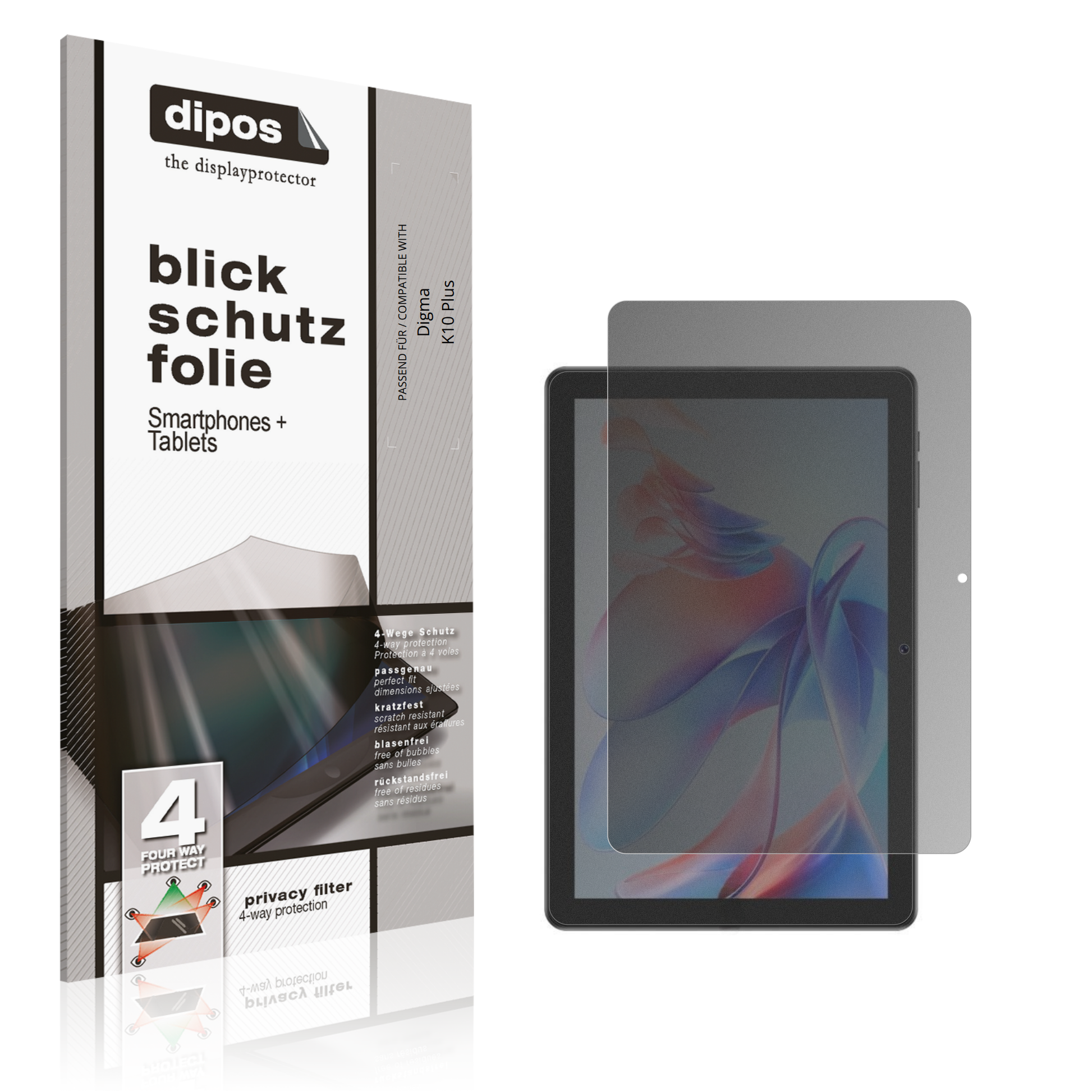 Blickschutzfolie von dipos passend für Digma K10 Plus, präziser Zuschnitt und blasenfrei montiert