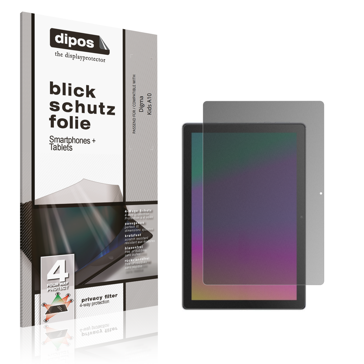 Blickschutzfolie von dipos passend für Digma Kids A10, präziser Zuschnitt und blasenfrei montiert