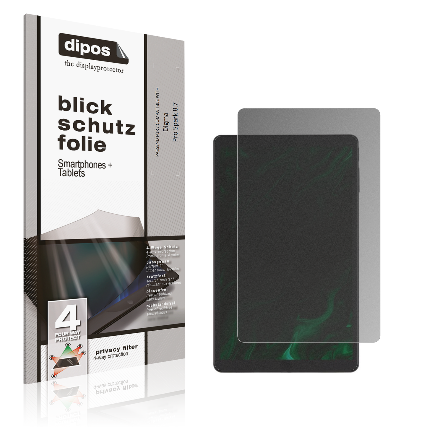 Blickschutzfolie von dipos passend für Digma Pro Spark 8.7, präziser Zuschnitt und blasenfrei montiert