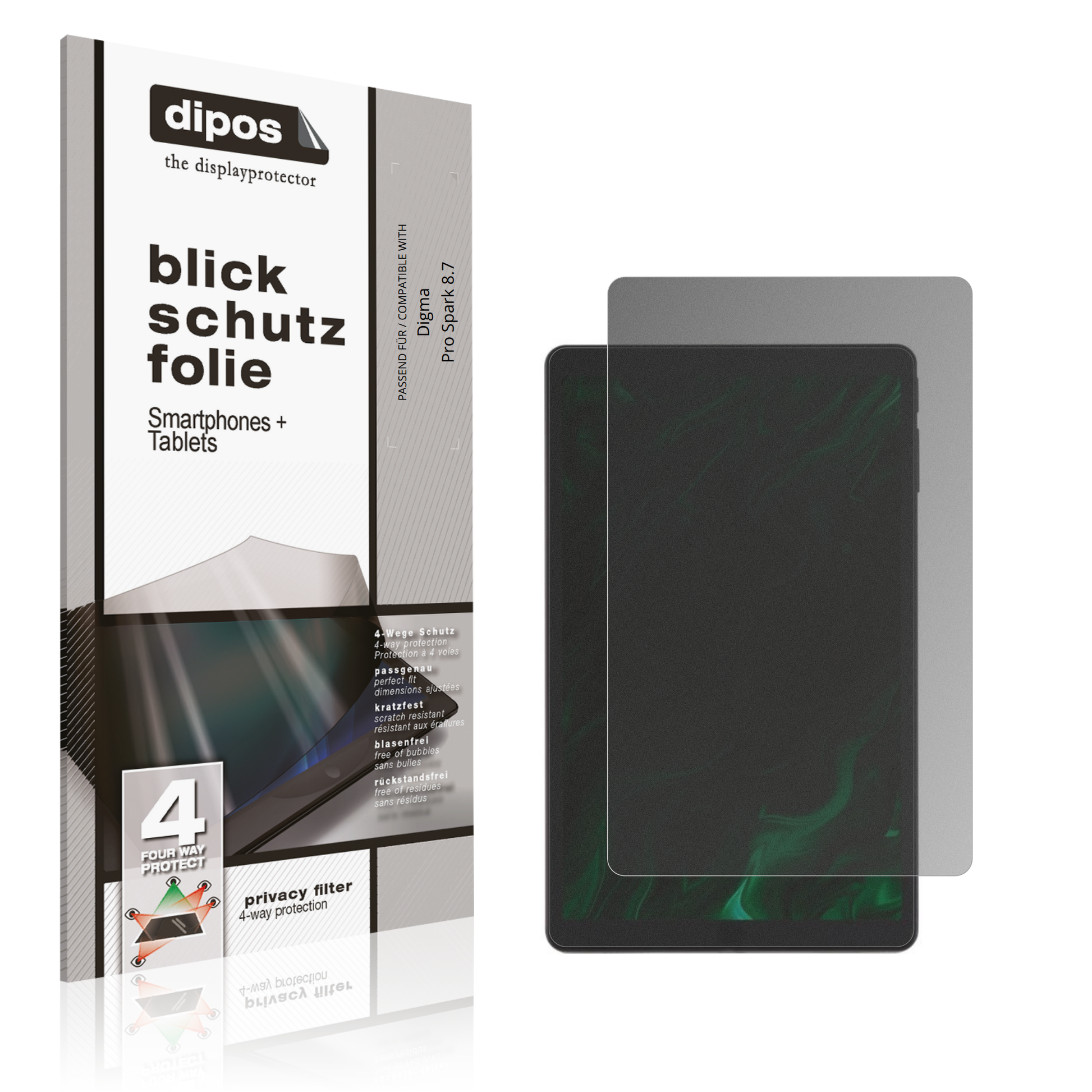 Blickschutzfolie von dipos passend für Digma Pro Spark 8.7, präziser Zuschnitt und blasenfrei montiert