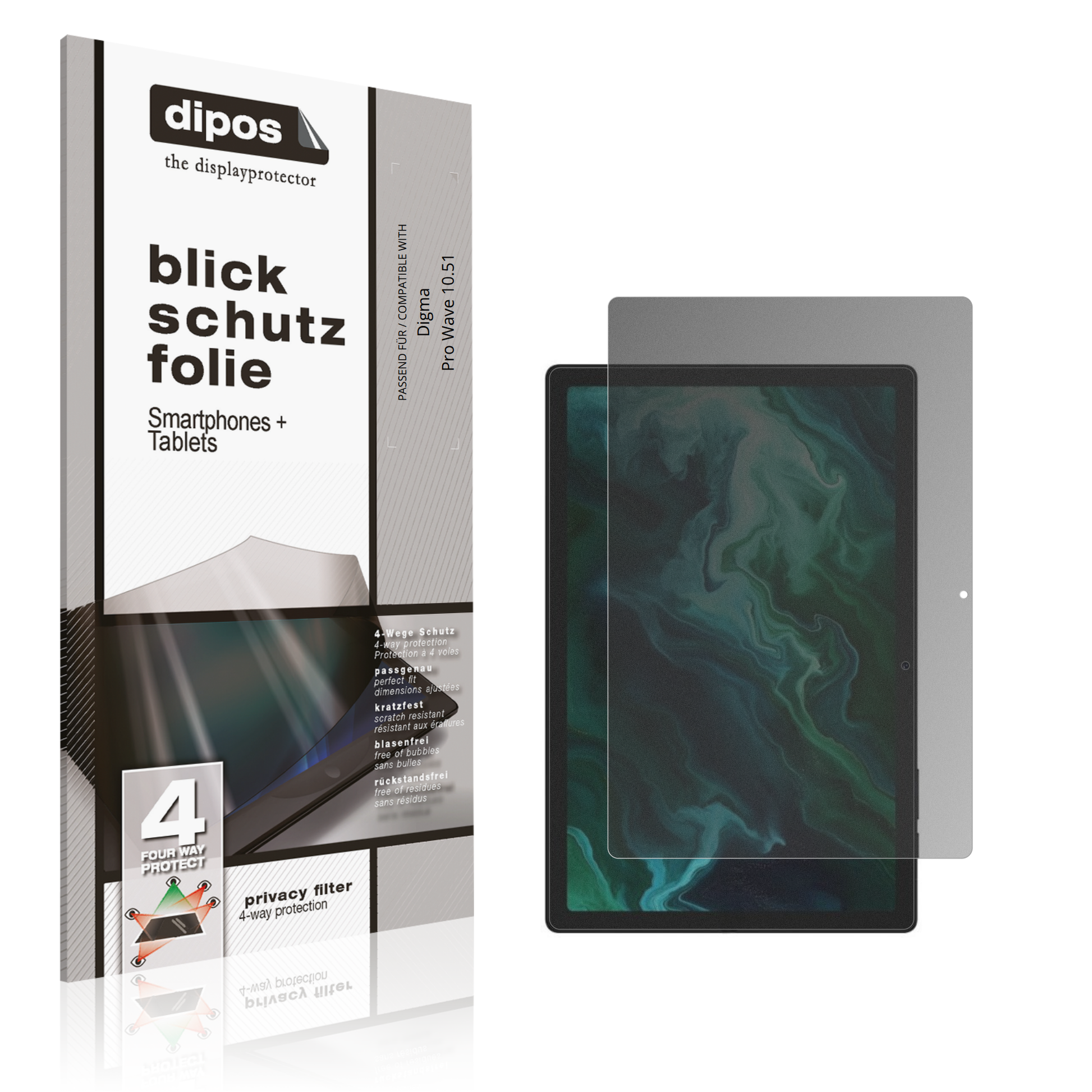 Blickschutzfolie von dipos passend für Digma Pro Wave 10.51, präziser Zuschnitt und blasenfrei montiert