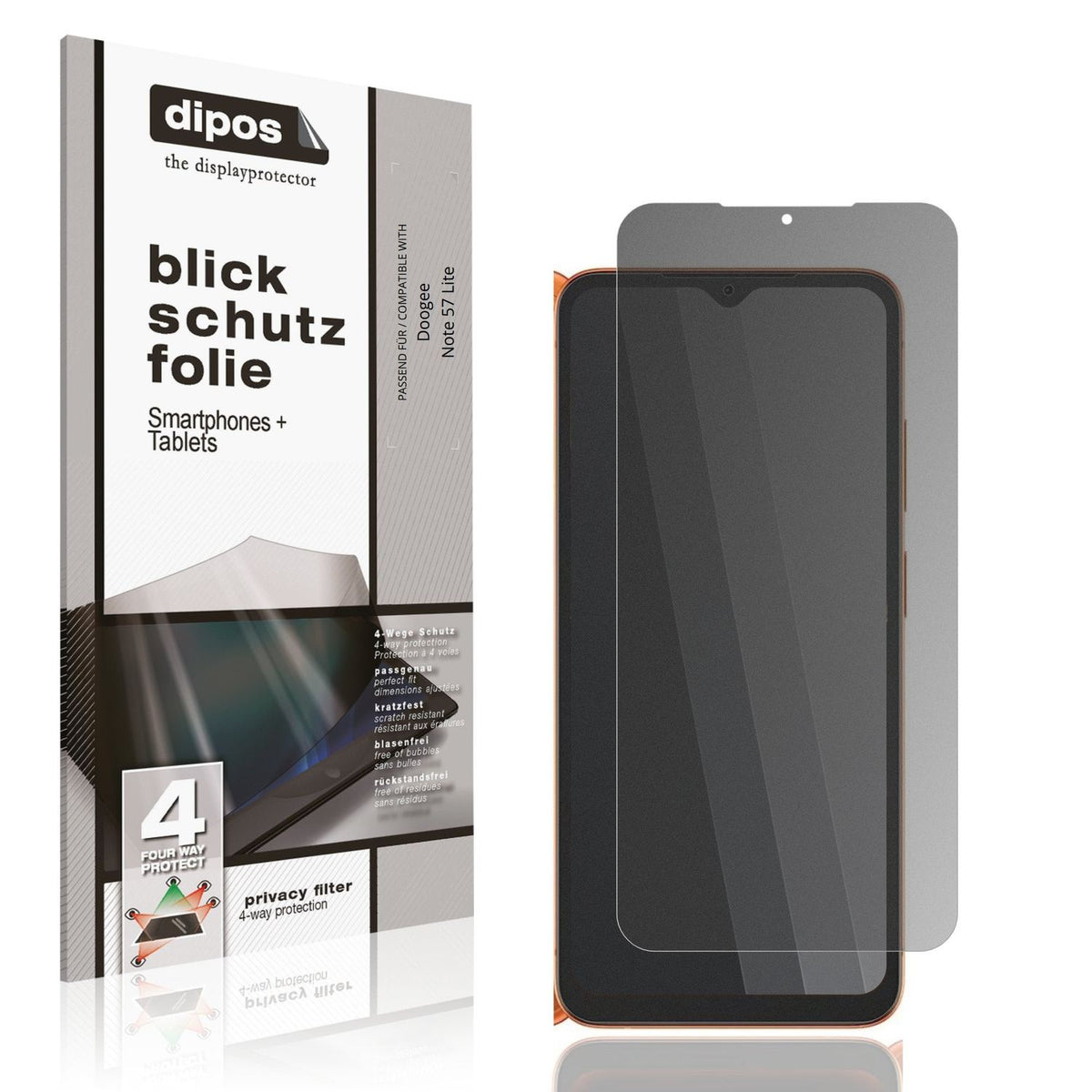 Blickschutzfolie von dipos passend für Doogee Note 57 Lite, präziser Zuschnitt und blasenfrei montiert