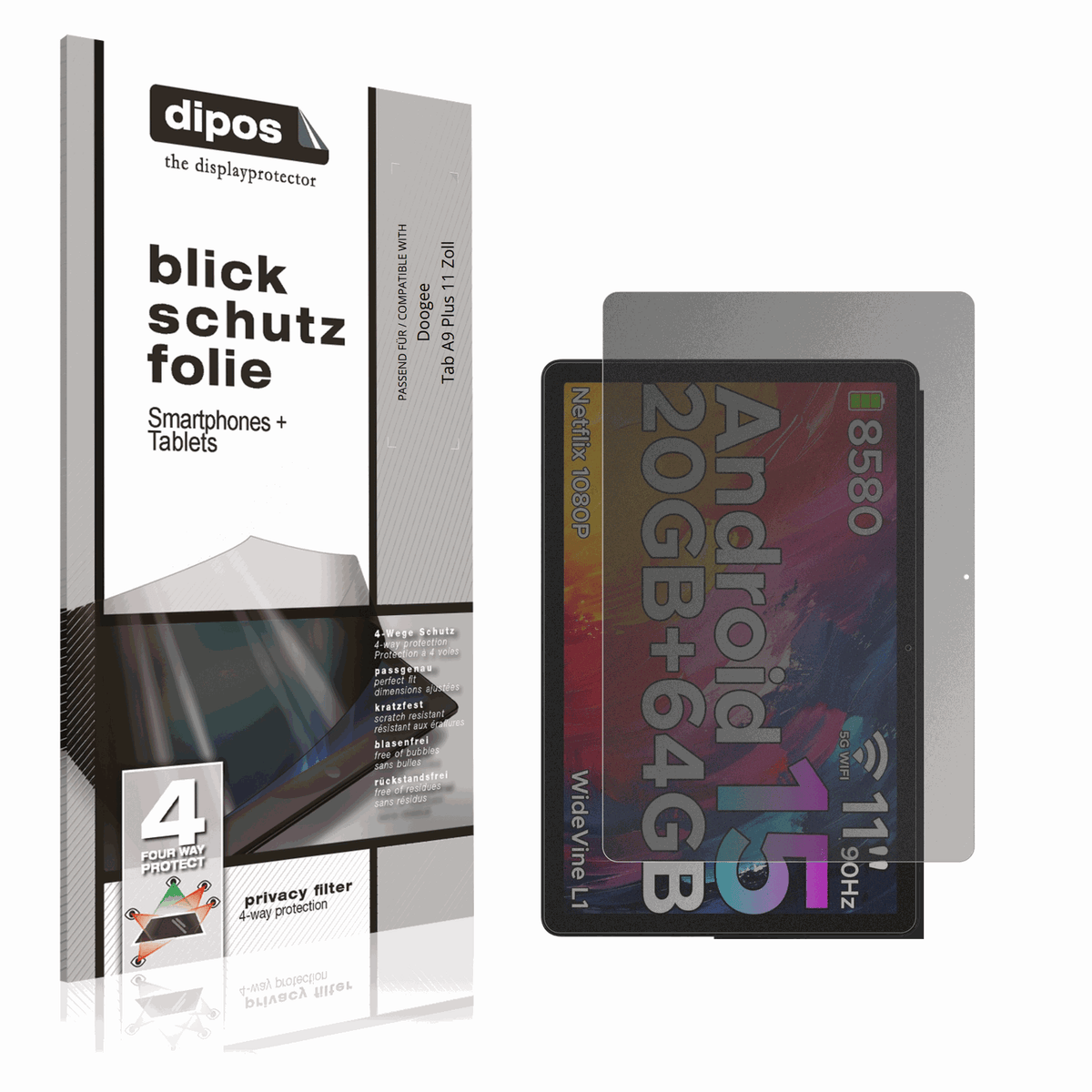 Blickschutzfolie von dipos passend f�r Doogee Tab A9 Plus 11 Zoll, pr�ziser Zuschnitt und blasenfrei montiert