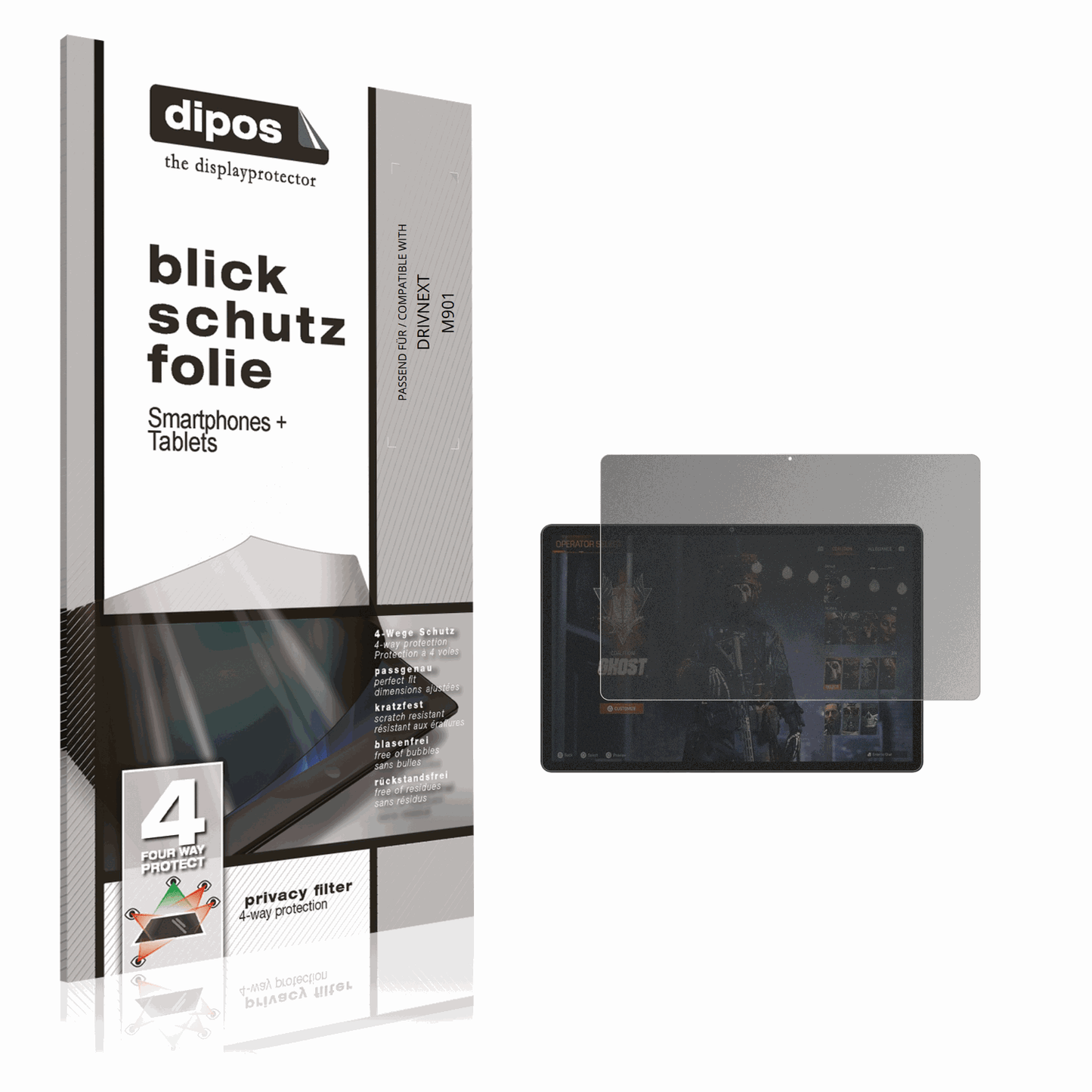 Blickschutzfolie von dipos passend für DRIVNEXT M901, präziser Zuschnitt und blasenfrei montiert