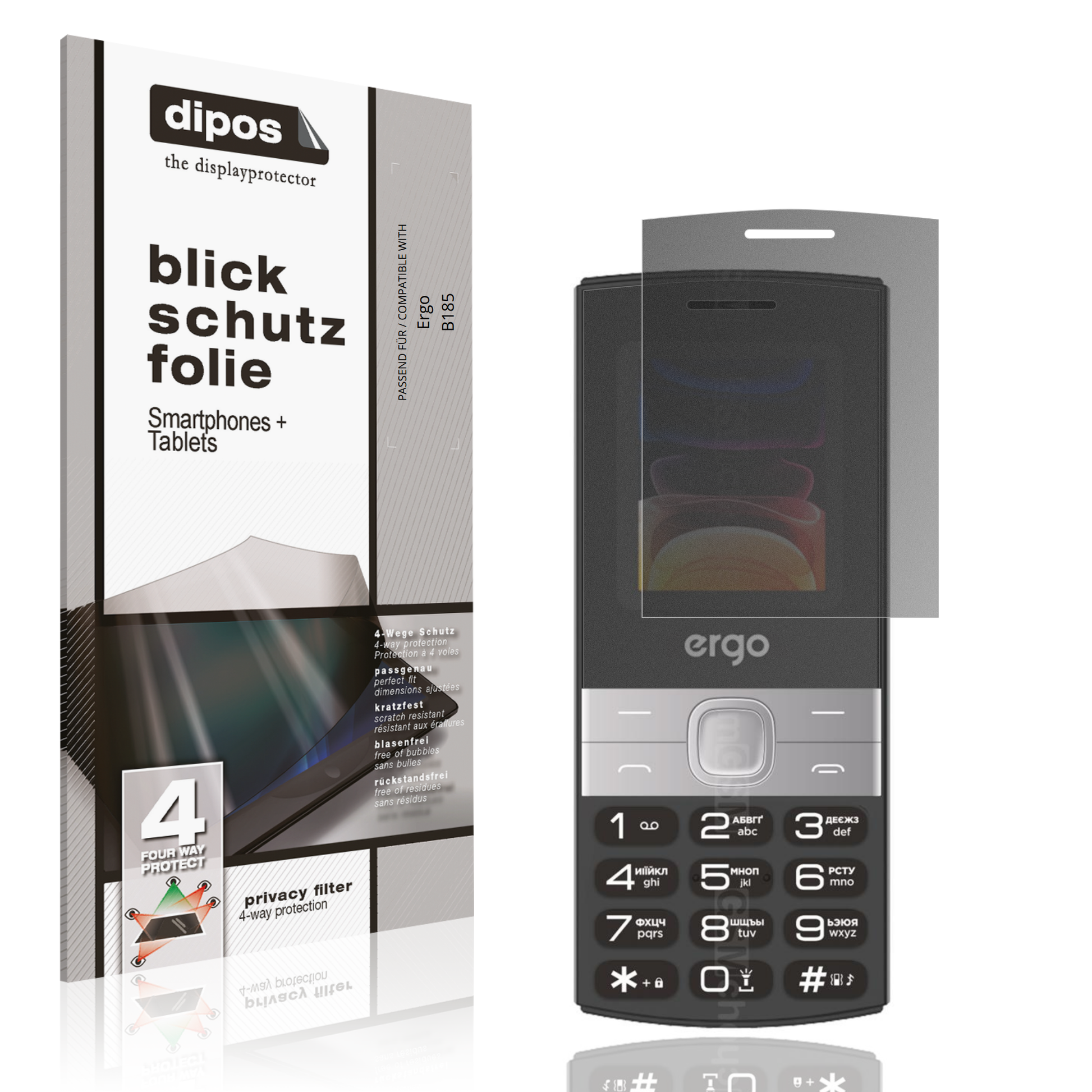 Blickschutzfolie von dipos passend für Ergo B185, präziser Zuschnitt und blasenfrei montiert