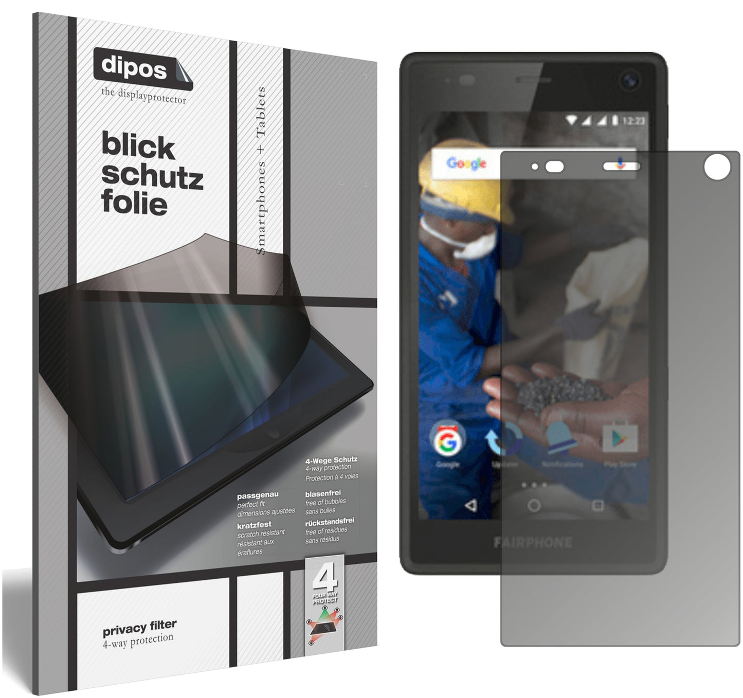 Blickschutzfolie von dipos passend für Fairphone 2, präziser Zuschnitt und blasenfrei montiert