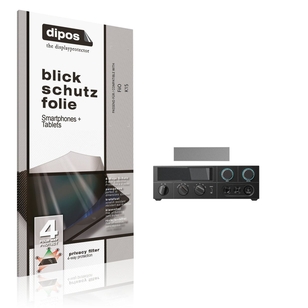 Blickschutzfolie von dipos passend für FiiO K15, präziser Zuschnitt und blasenfrei montiert