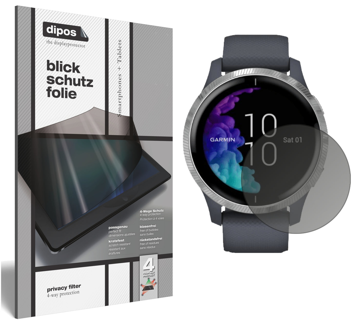 Blickschutzfolie von dipos passend für Garmin Venu (43mm), präziser Zuschnitt und blasenfrei montiert