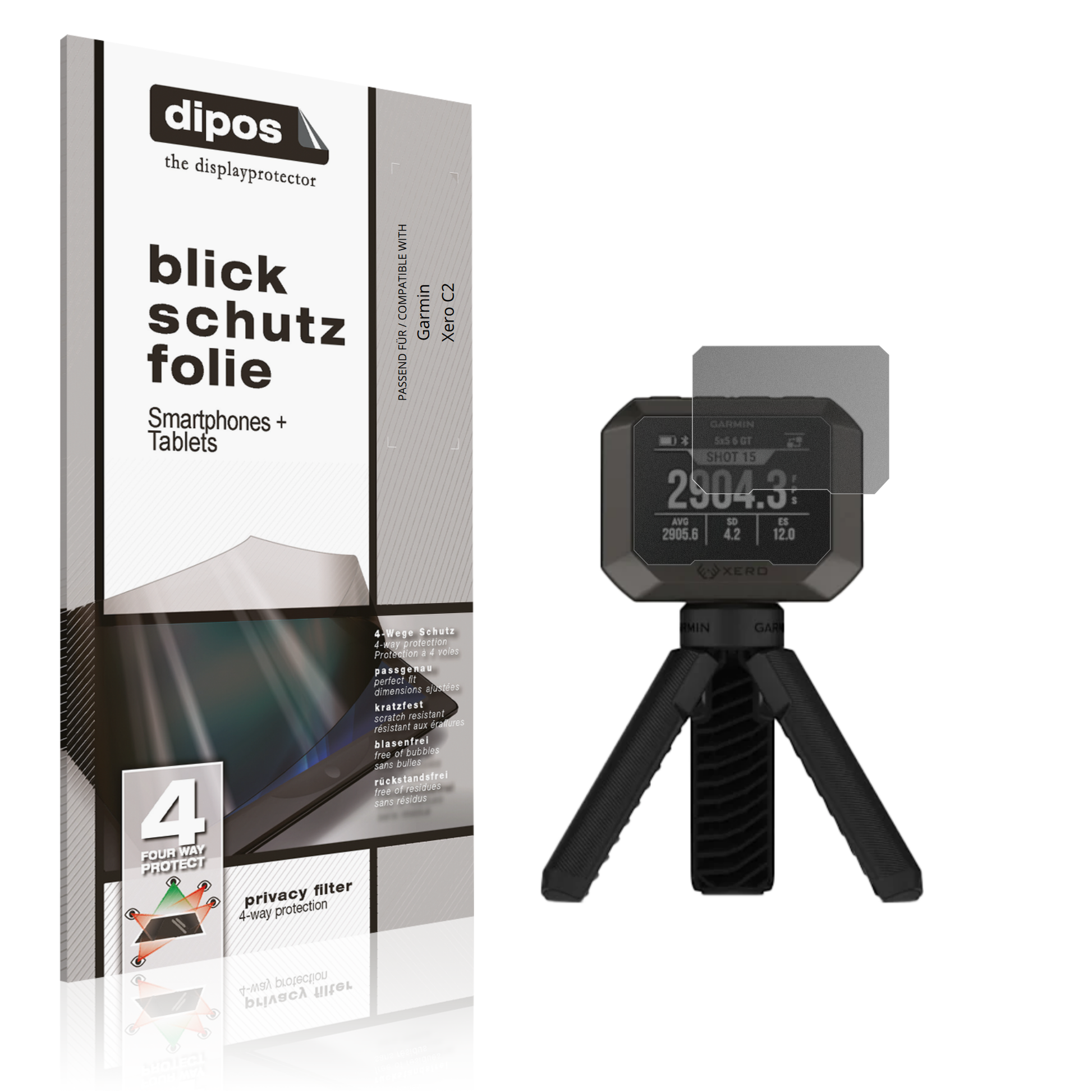 Blickschutzfolie von dipos passend für Garmin Xero C2, präziser Zuschnitt und blasenfrei montiert