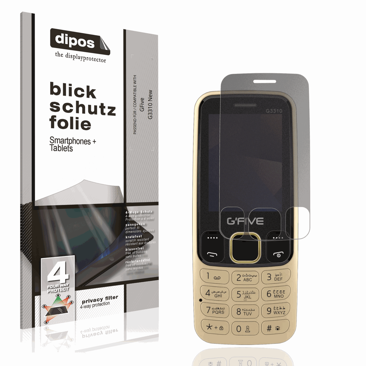 Blickschutzfolie von dipos passend für GFive G3310 New, präziser Zuschnitt und blasenfrei montiert