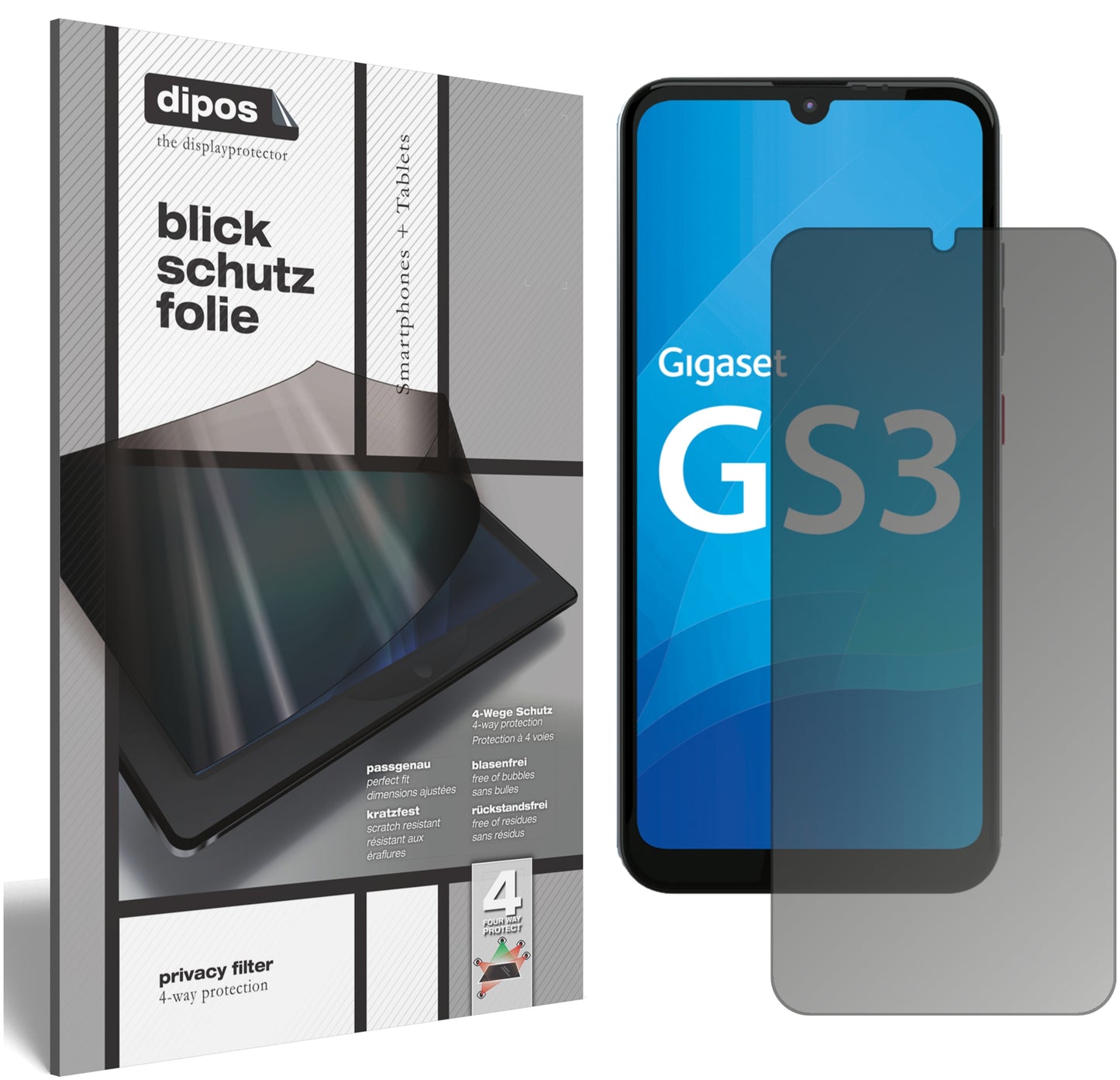 Blickschutzfolie von dipos passend für Gigaset GS3, präziser Zuschnitt und blasenfrei montiert