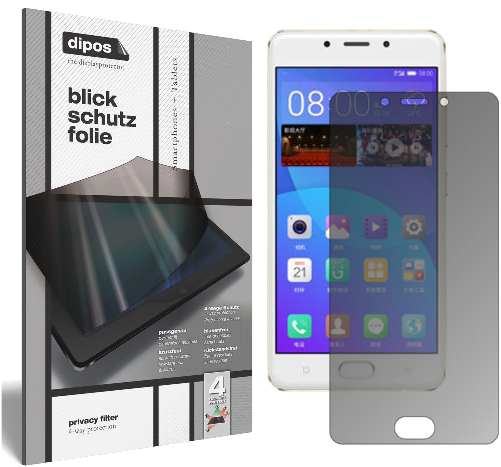 Blickschutzfolie von dipos passend für Gionee F5, präziser Zuschnitt und blasenfrei montiert
