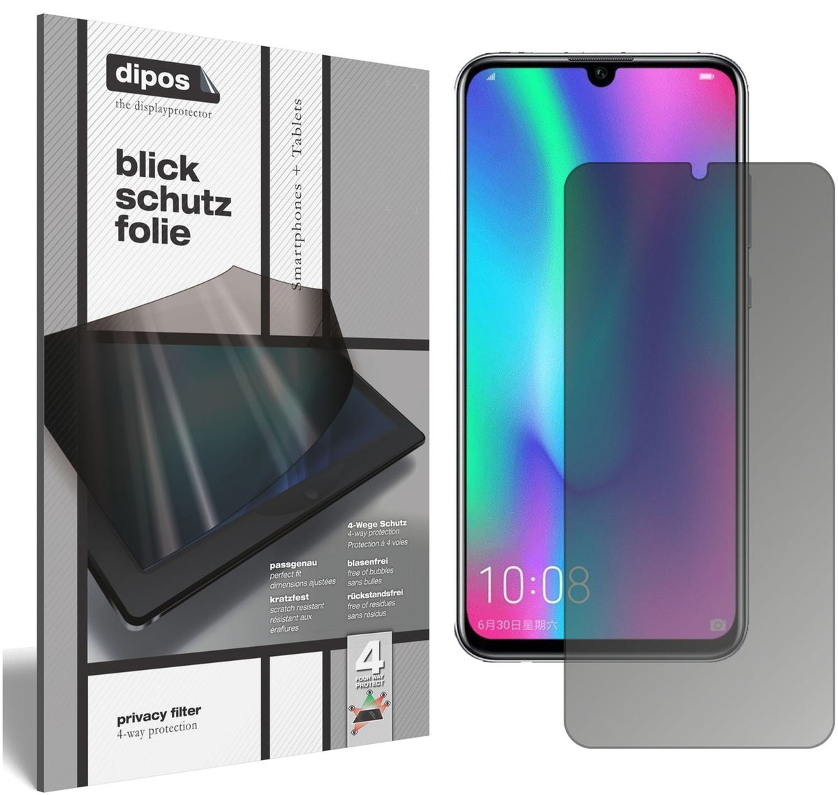 Blickschutzfolie von dipos passend für Honor 10 Lite, präziser Zuschnitt und blasenfrei montiert