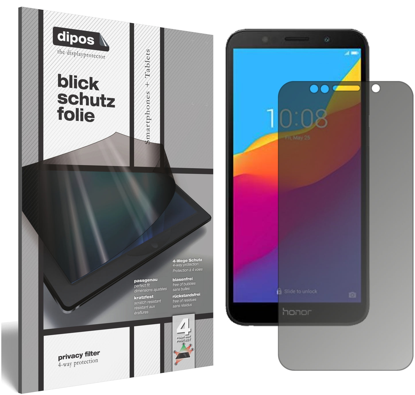 Blickschutzfolie von dipos passend für Honor 7S 51092MPY, präziser Zuschnitt und blasenfrei montiert