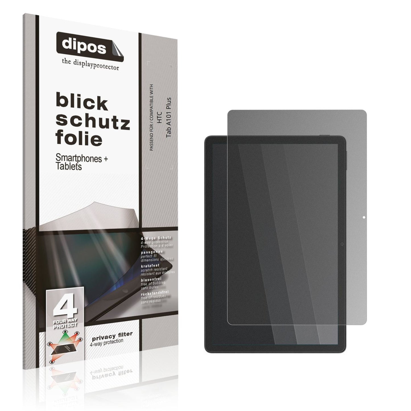 Blickschutzfolie von dipos passend für HTC Tab A101 Plus, präziser Zuschnitt und blasenfrei montiert