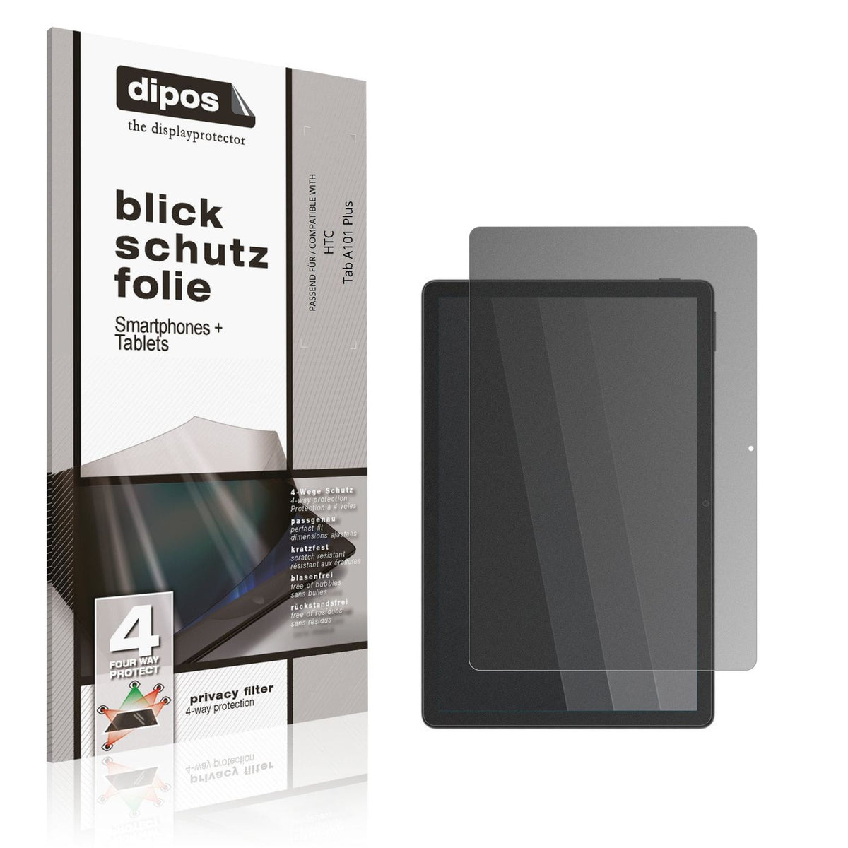 Blickschutzfolie von dipos passend für HTC Tab A101 Plus, präziser Zuschnitt und blasenfrei montiert