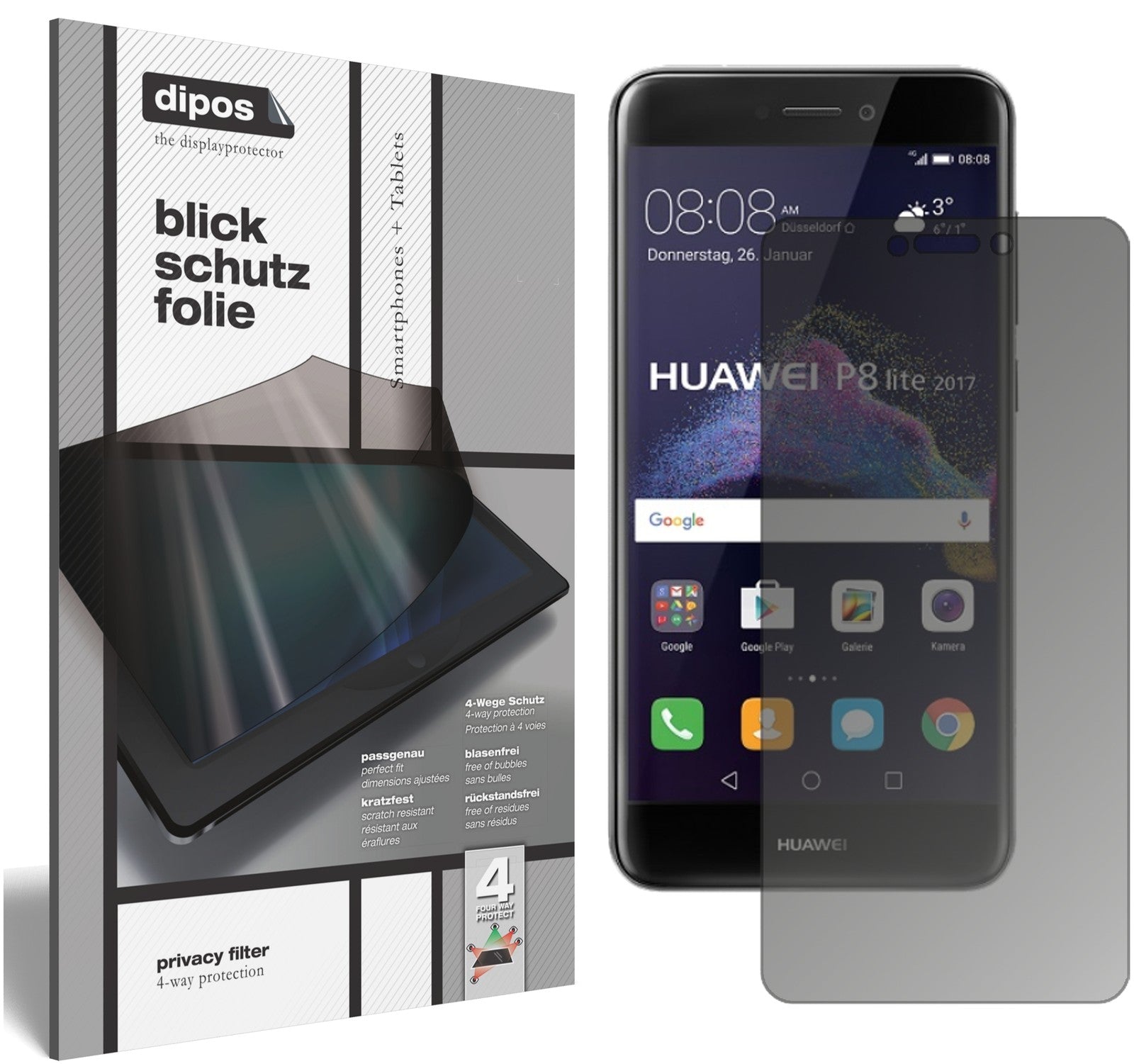 Blickschutzfolie von dipos passend für Huawei P8 Lite2017, präziser Zuschnitt und blasenfrei montiert