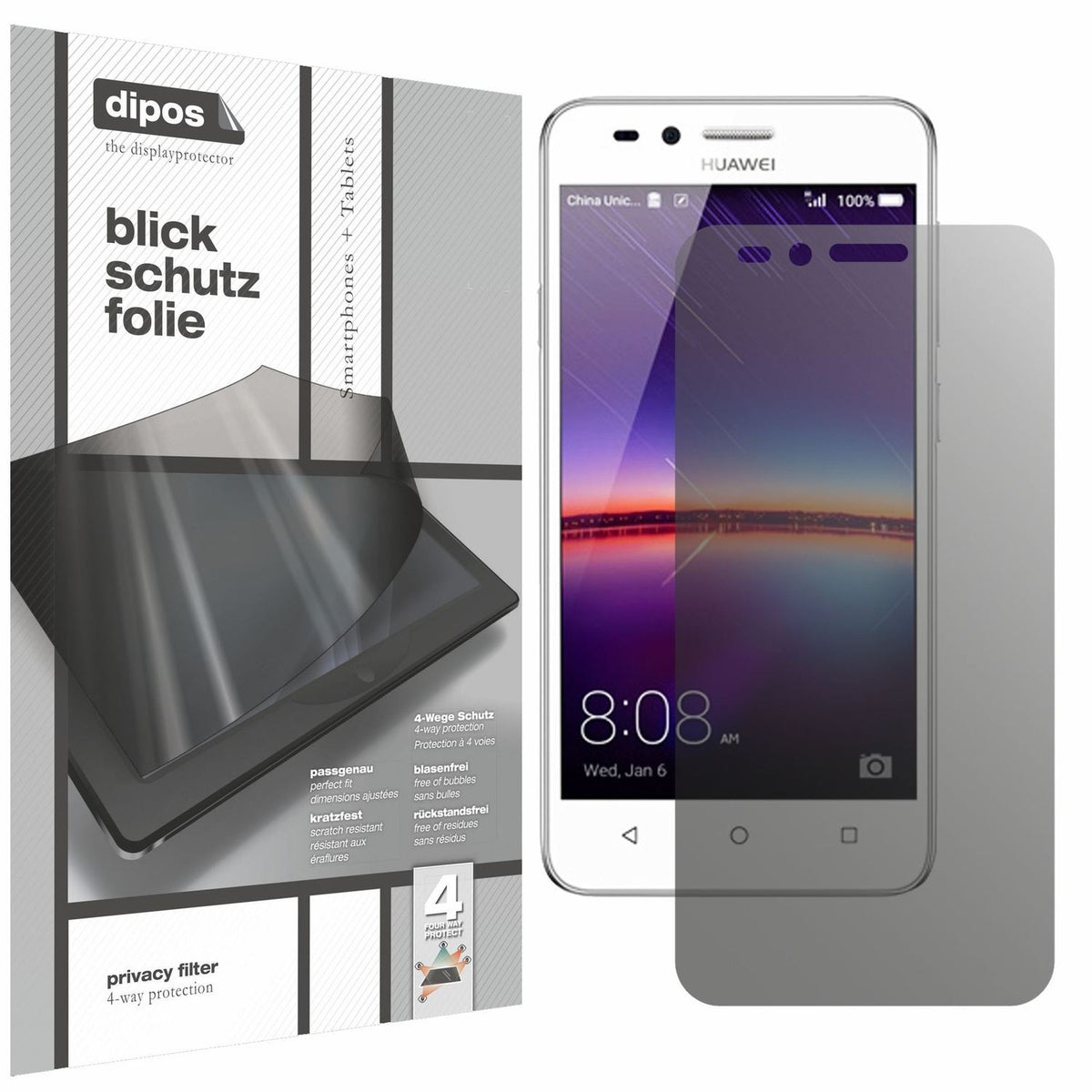 Blickschutzfolie von dipos passend für Huawei Y3 II, präziser Zuschnitt und blasenfrei montiert