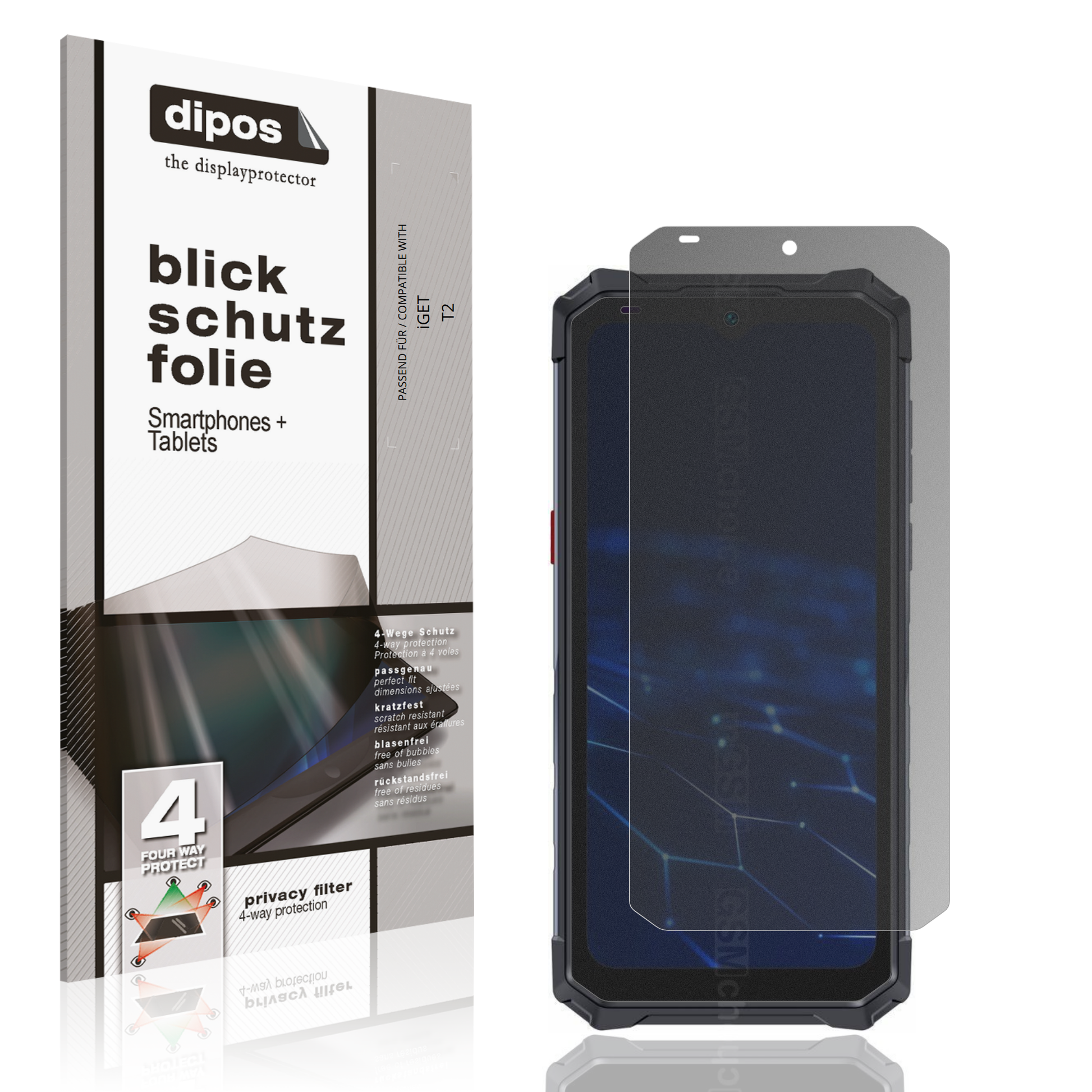 Blickschutzfolie von dipos passend für iGET T2, präziser Zuschnitt und blasenfrei montiert