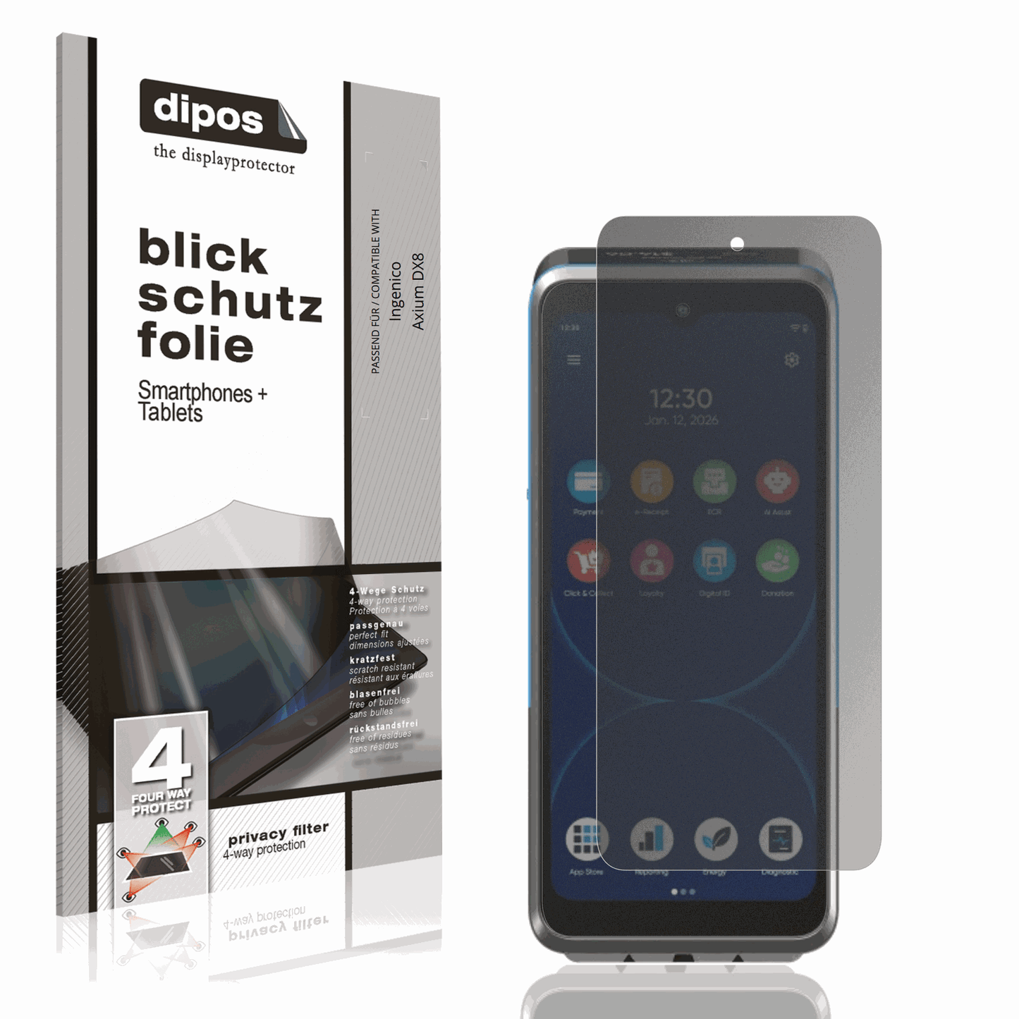 Blickschutzfolie von dipos passend für Ingenico Axium DX8, präziser Zuschnitt und blasenfrei montiert