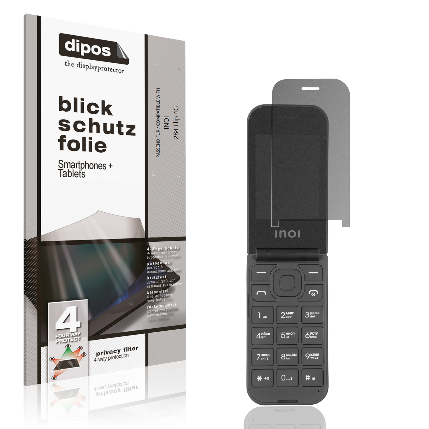 Blickschutzfolie von dipos passend für INOI 284 Flip 4G, präziser Zuschnitt und blasenfrei montiert