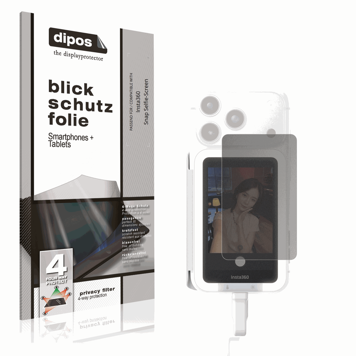 Blickschutzfolie von dipos passend für Insta360 Snap Selfie-Screen, präziser Zuschnitt und blasenfrei montiert