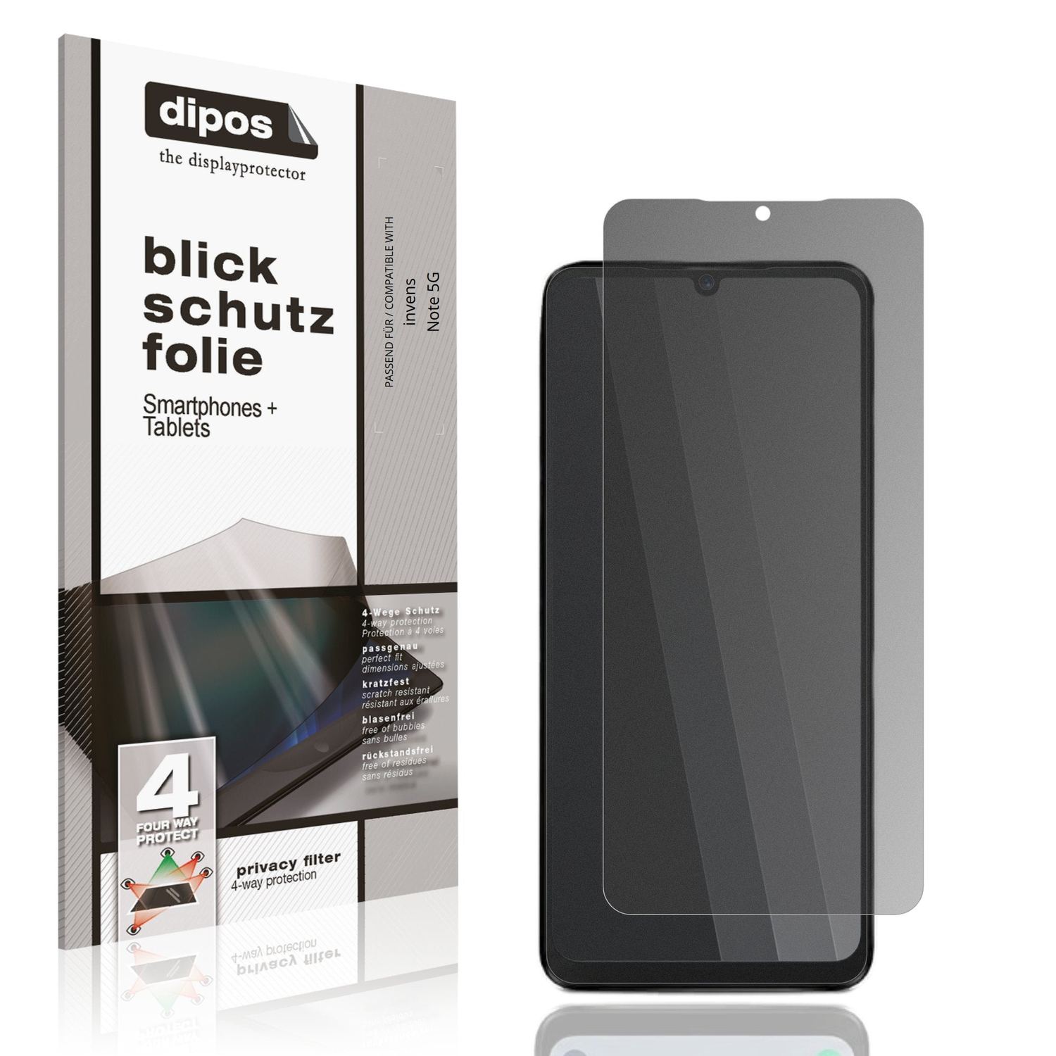 Blickschutzfolie von dipos passend für invens Note 5G, präziser Zuschnitt und blasenfrei montiert