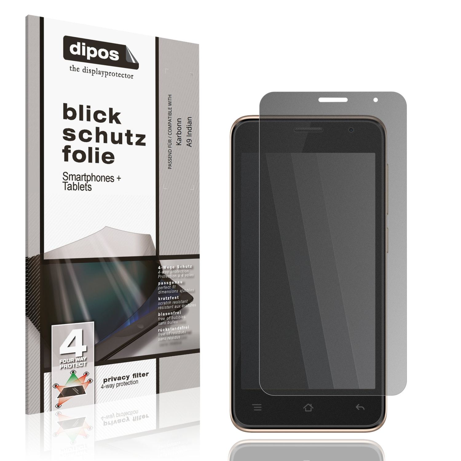 Blickschutzfolie von dipos passend für Karbonn A9 Indian, präziser Zuschnitt und blasenfrei montiert