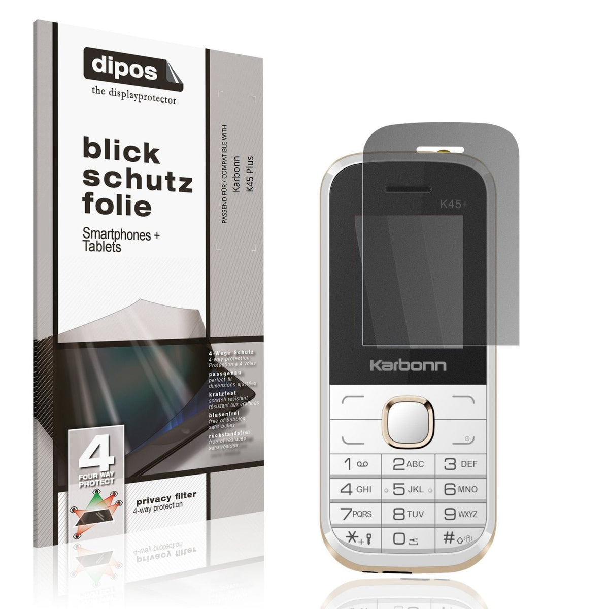 Blickschutzfolie von dipos passend für Karbonn K45 Plus, präziser Zuschnitt und blasenfrei montiert