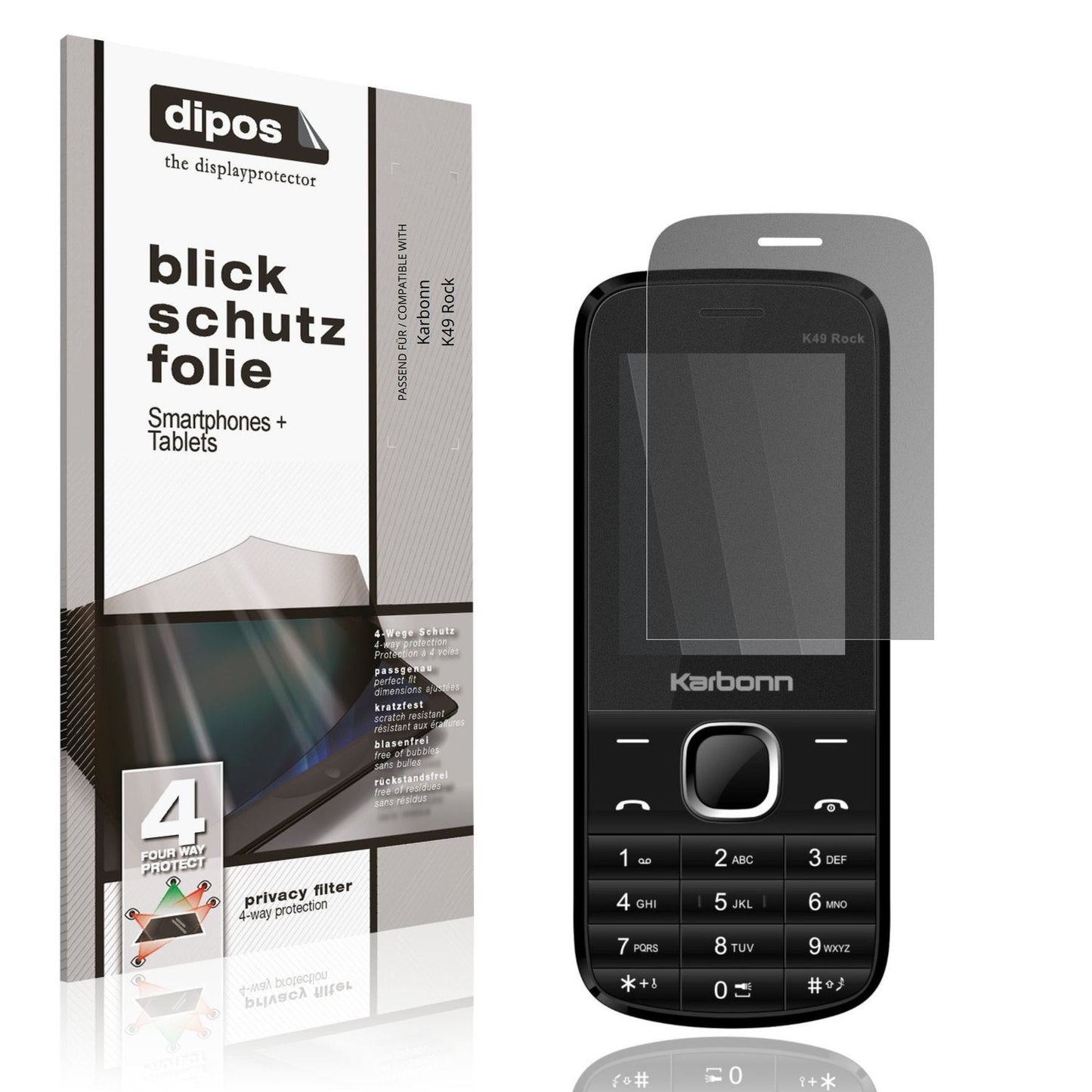 Blickschutzfolie von dipos passend für Karbonn K49 Rock, präziser Zuschnitt und blasenfrei montiert