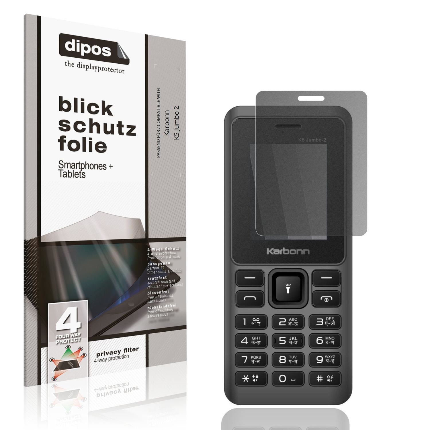 Blickschutzfolie von dipos passend für Karbonn K5 Jumbo 2, präziser Zuschnitt und blasenfrei montiert