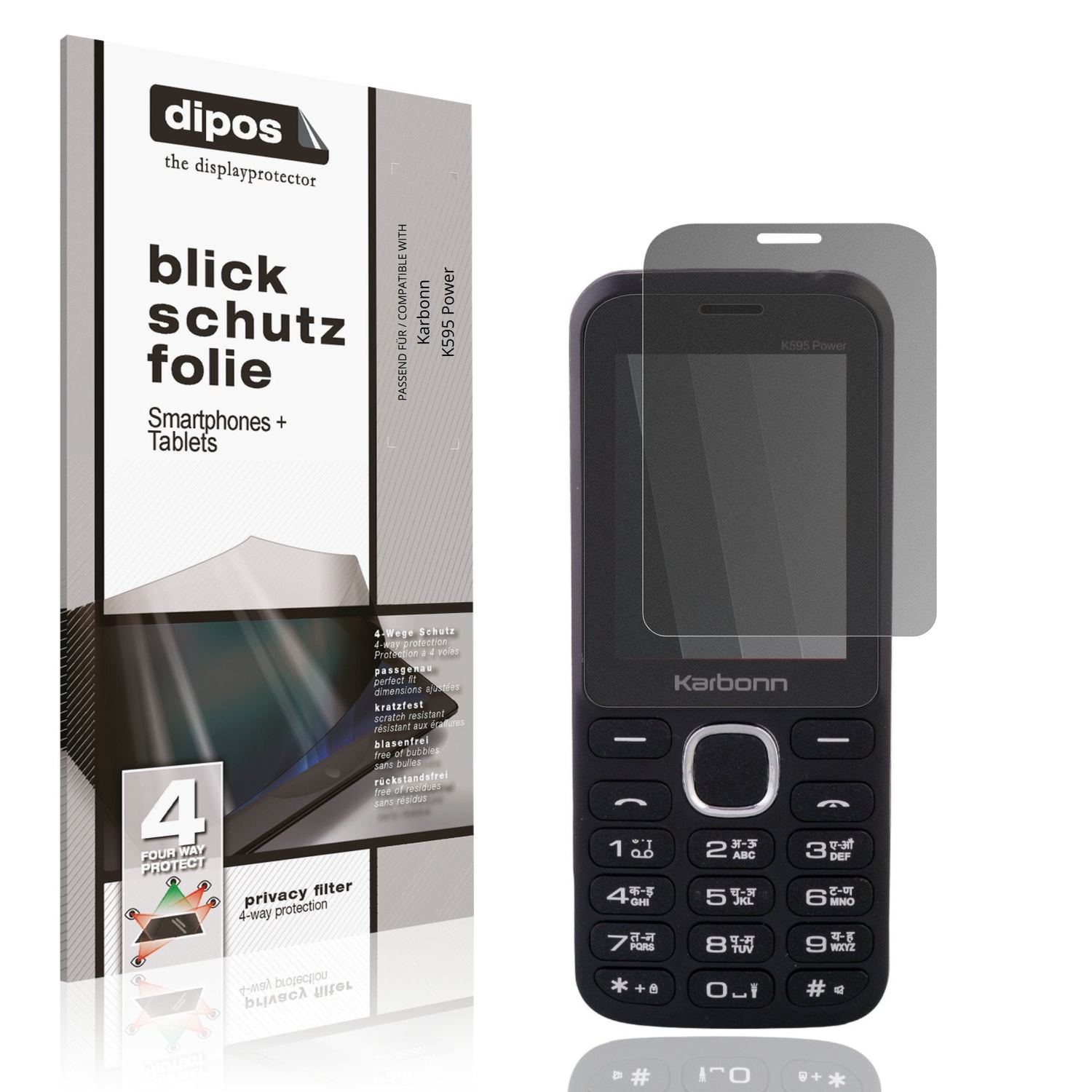Blickschutzfolie von dipos passend für Karbonn K595 Power, präziser Zuschnitt und blasenfrei montiert