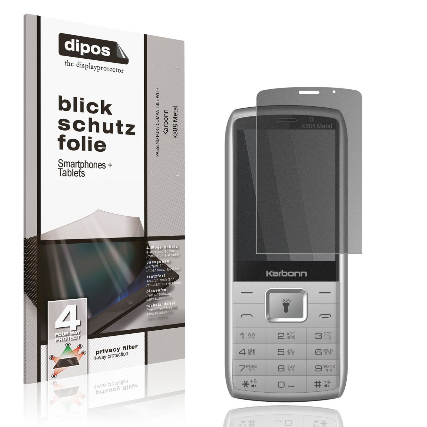 Blickschutzfolie von dipos passend für Karbonn K888 Metal, präziser Zuschnitt und blasenfrei montiert