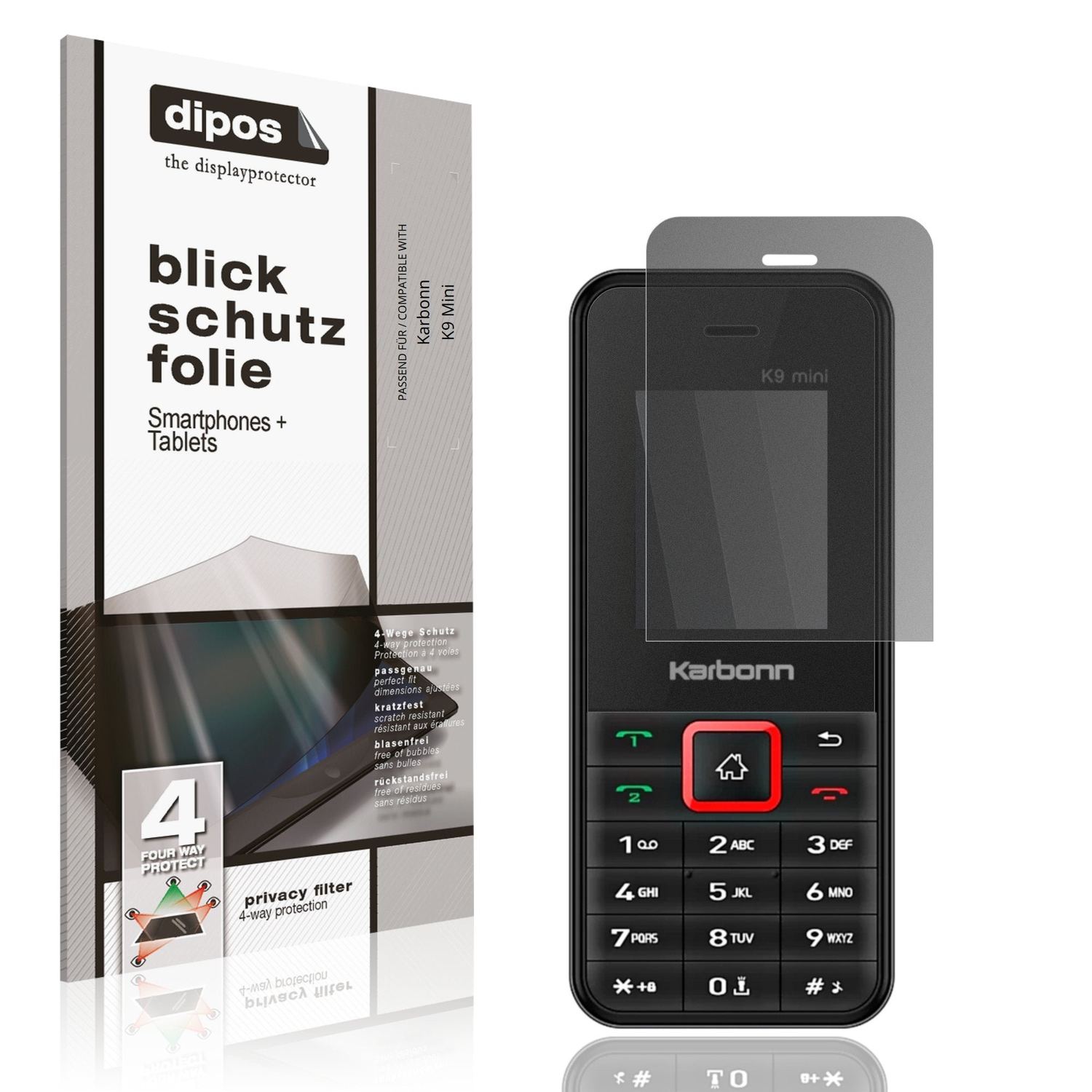 Blickschutzfolie von dipos passend für Karbonn K9 Mini, präziser Zuschnitt und blasenfrei montiert