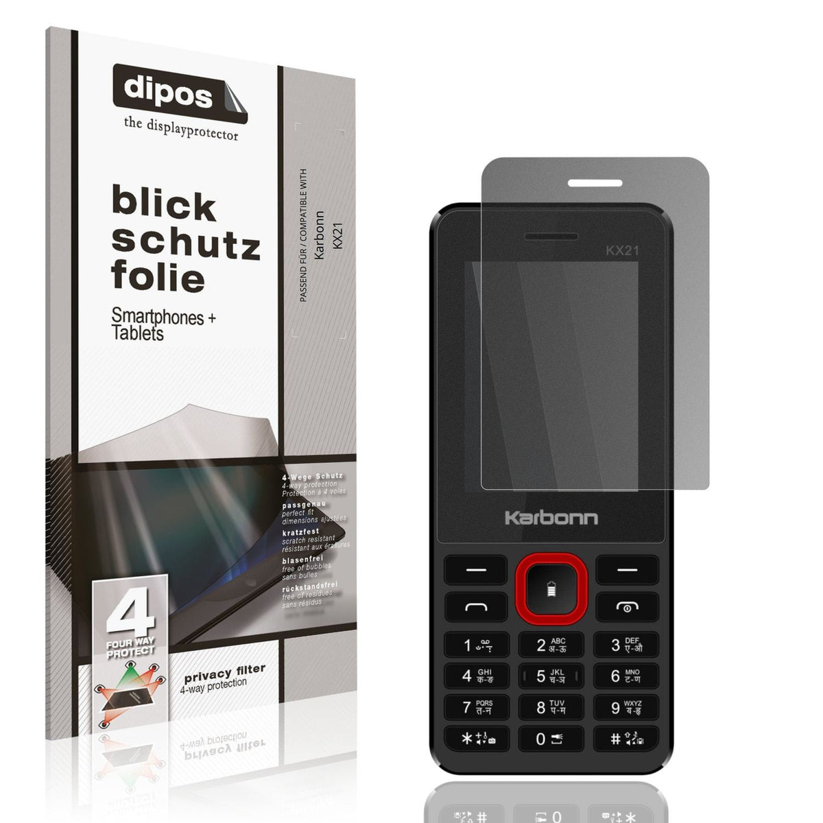 Blickschutzfolie von dipos passend für Karbonn KX21, präziser Zuschnitt und blasenfrei montiert