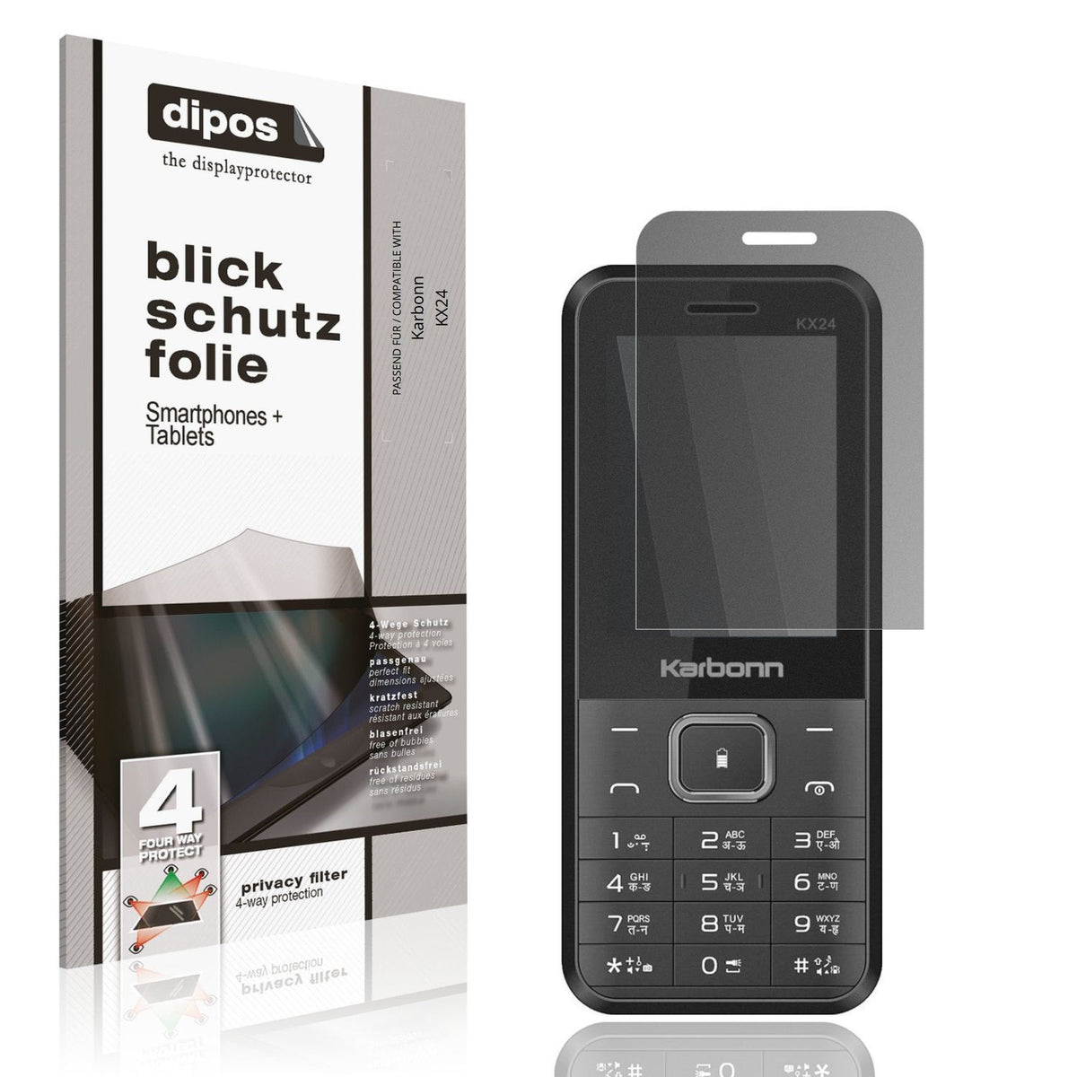 Blickschutzfolie von dipos passend für Karbonn KX24, präziser Zuschnitt und blasenfrei montiert