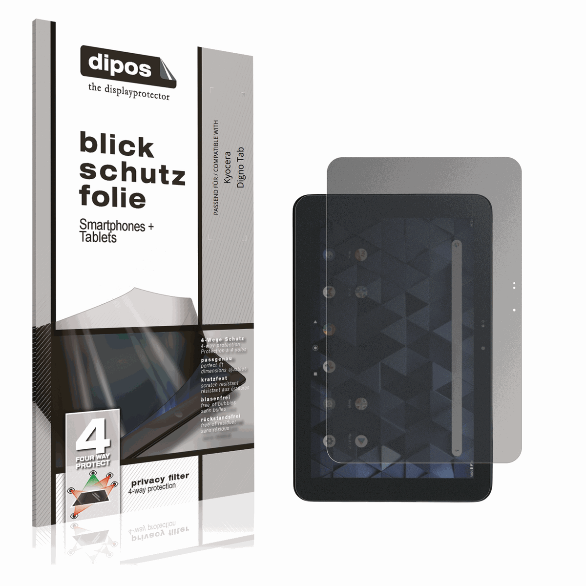 Blickschutzfolie von dipos passend f�r Kyocera Digno Tab, pr�ziser Zuschnitt und blasenfrei montiert