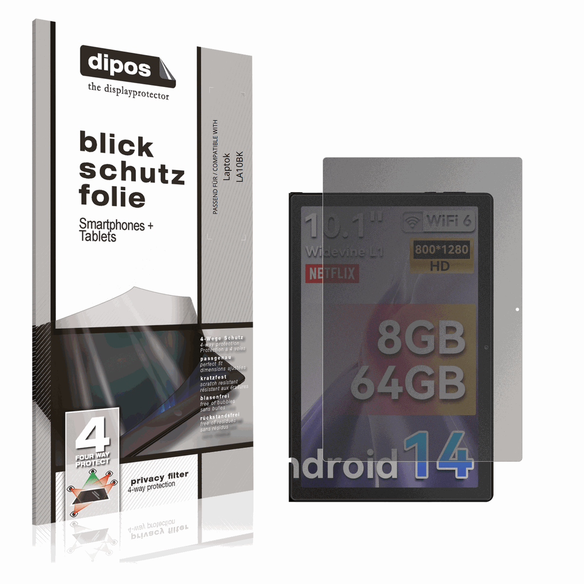 Blickschutzfolie von dipos passend für Laptok LA10BK, präziser Zuschnitt und blasenfrei montiert