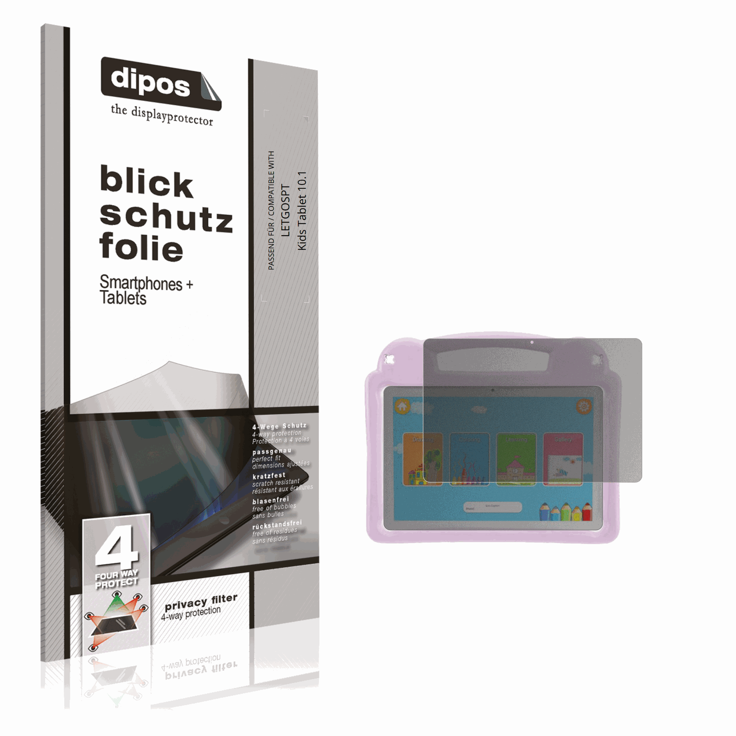 Blickschutzfolie von dipos passend für LETGOSPT Kids Tablet 10.1, präziser Zuschnitt und blasenfrei montiert