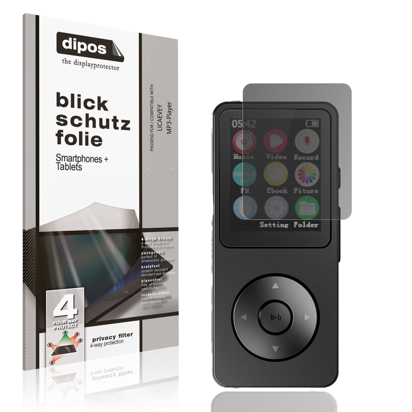 Blickschutzfolie von dipos passend für LICAEVEY MP3-Player, präziser Zuschnitt und blasenfrei montiert