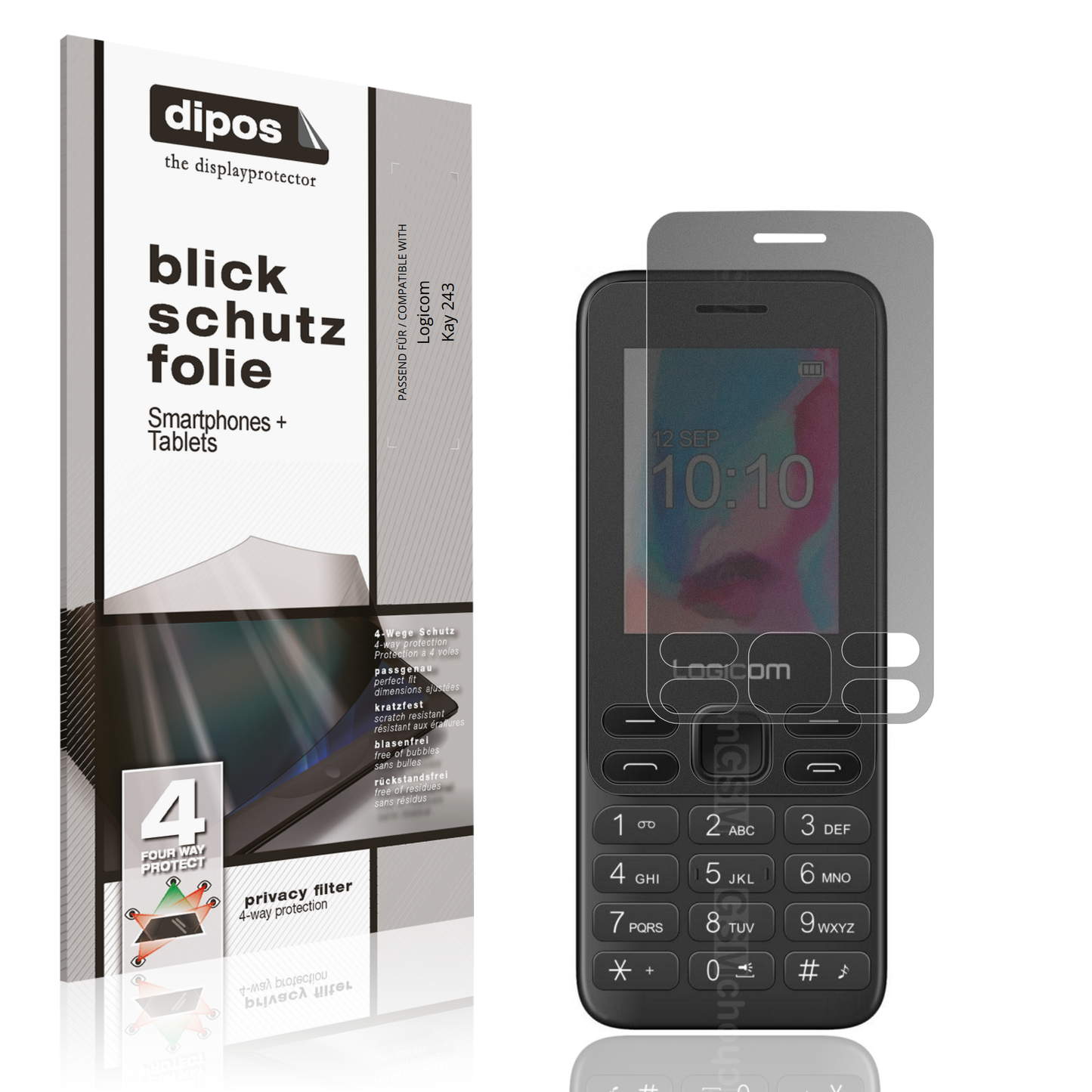 Blickschutzfolie von dipos passend für Logicom Kay 243, präziser Zuschnitt und blasenfrei montiert